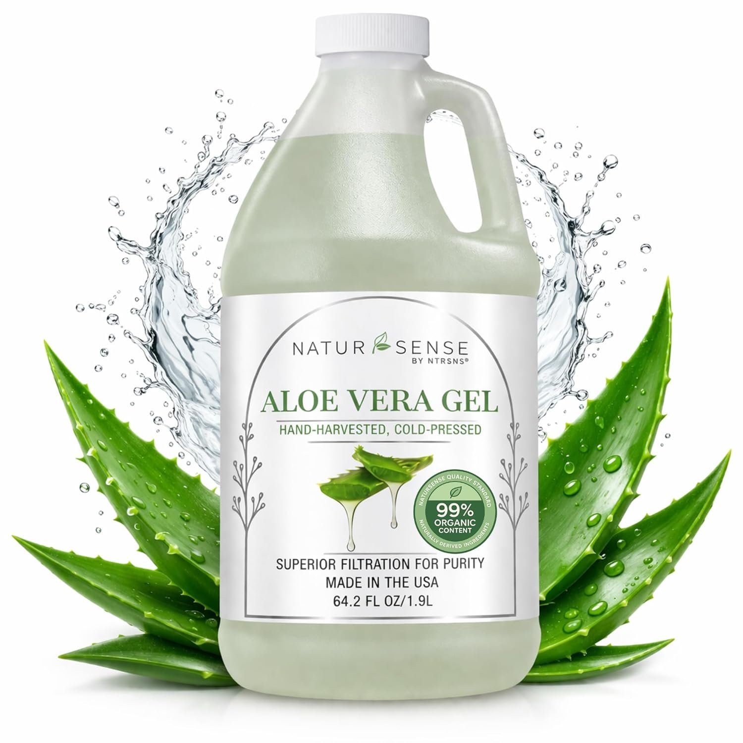 NTRSNS Organic Aloe Vera Gel for Face, Hair, Skin & Sunburn Relief – 64.2 oz Refill Bottle – 99% Cold-Pressed Pure Aloe, USDA Organic, Unscented, Non-Sticky, Vegan, Made in USA – NaturSense