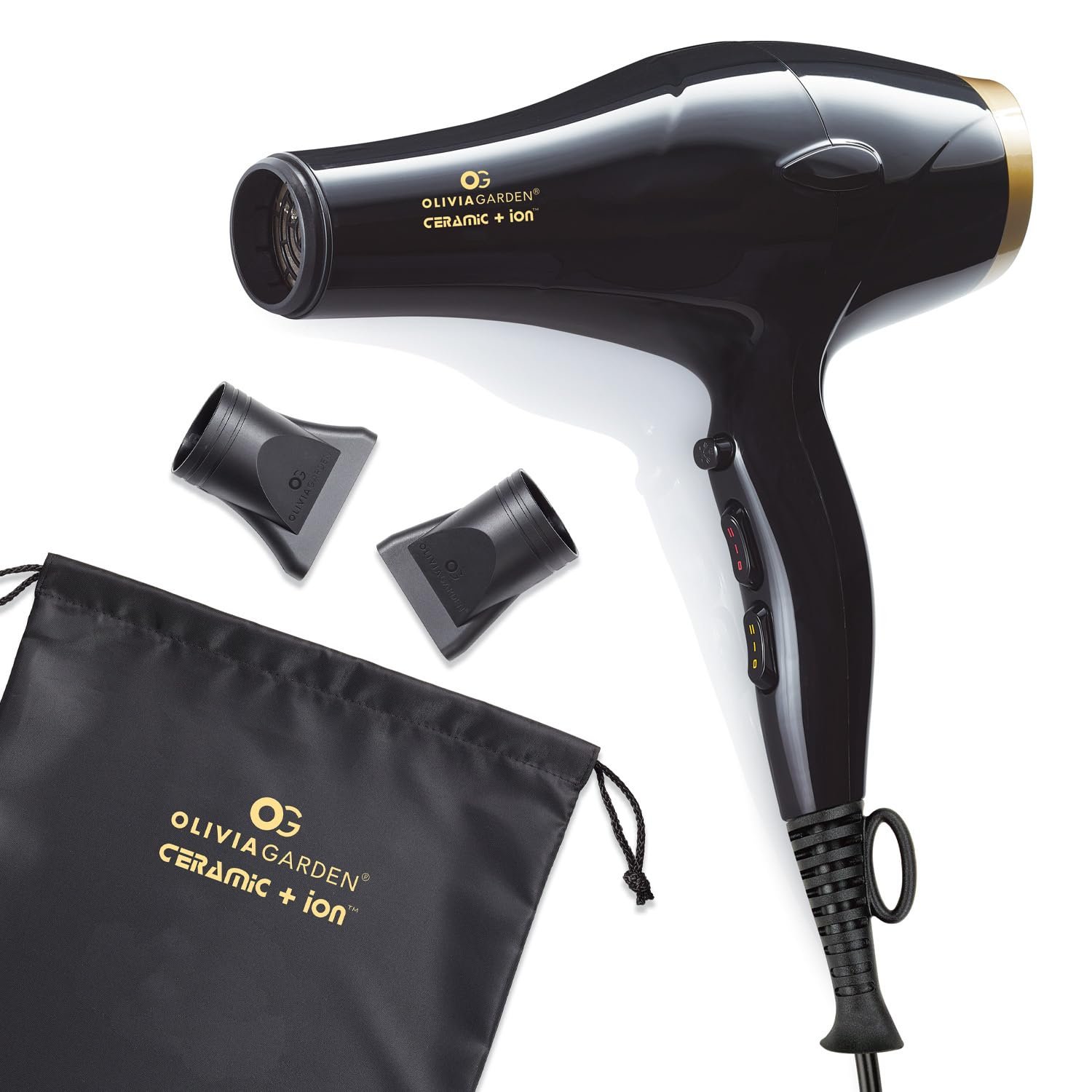 Olivia Garden 1875W Ceramic + Ion Professional Hair Dryer for Men and Women – Fast Drying Blow Dryer – Powerful Ionic Generator – 3 Heat Settings – With 2 Nozzles and Storage Bag