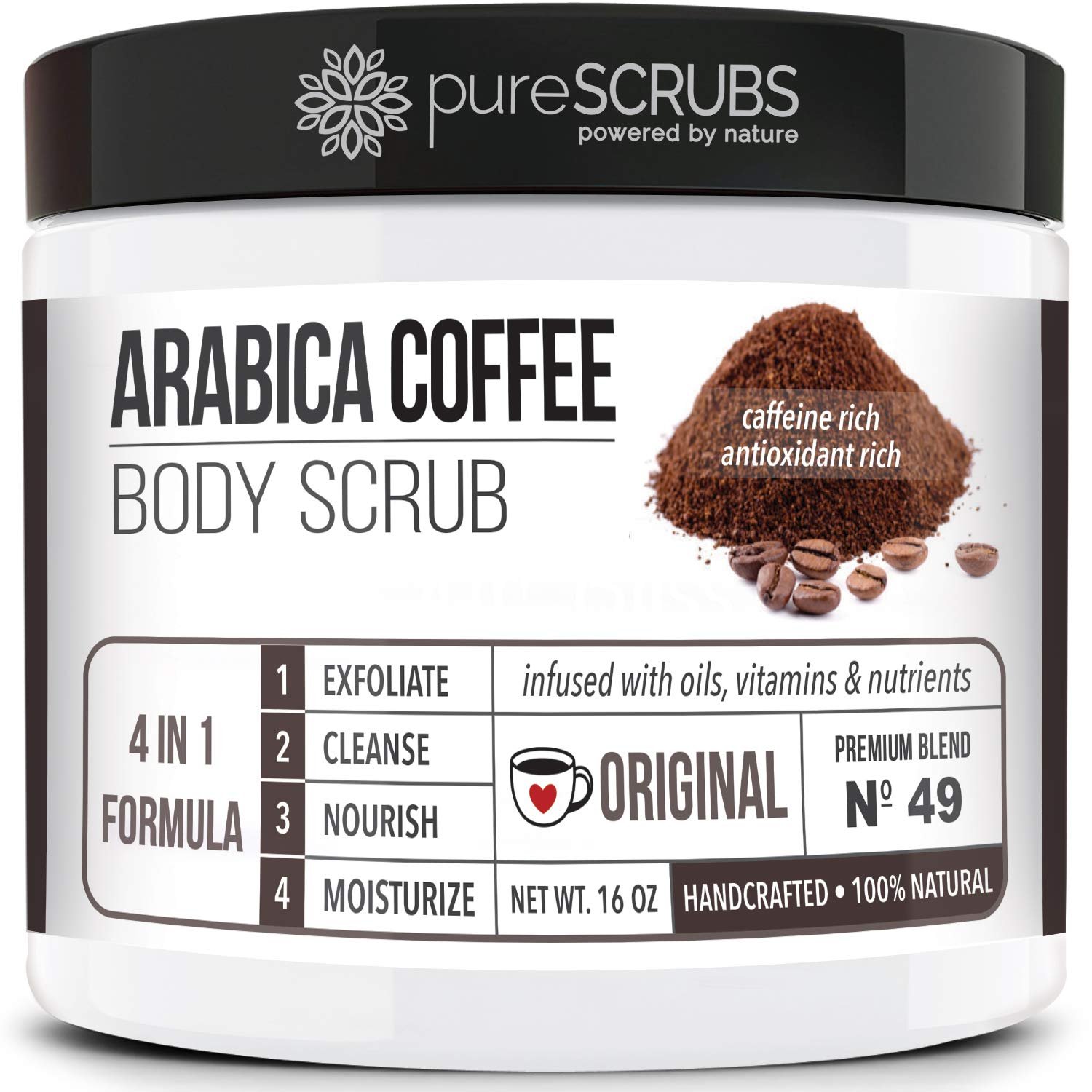 pureSCRUBS Premium Organic Arabica Coffee Body Scrub Set – ORIGINAL BLEND Large 16oz Anti Cellulite Scrub Essential Oils & Nutrients + FREE Wooden Spoon, Loofah & Mini Organic Exfoliating Bar Soap