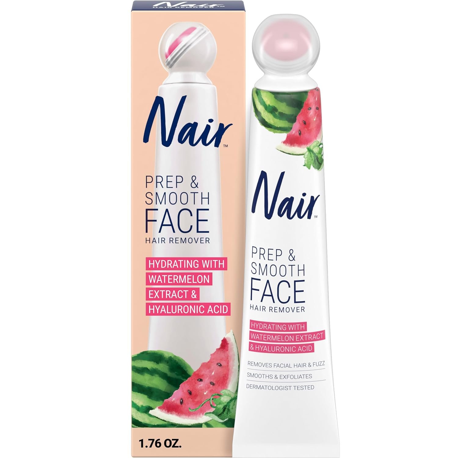 NAIR Prep & Smooth Face Exfoliating Depilatory Cream for Women – Effective Hair Removal for Smooth Skin with Hyaluronic Acid, 1.76 oz