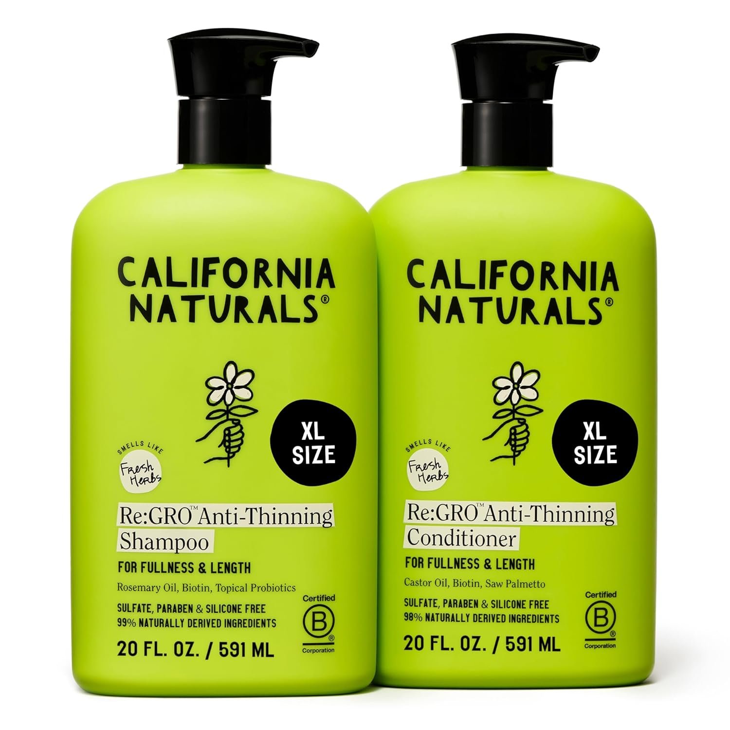 California Naturals Re:GRO Anti-Thinning Shampoo & Conditioner Set, Biotin, Caffeine & Rosemary Oil, Hair Loss & Thinning Support for Women and Men, Sulfate Free, 20 fl oz