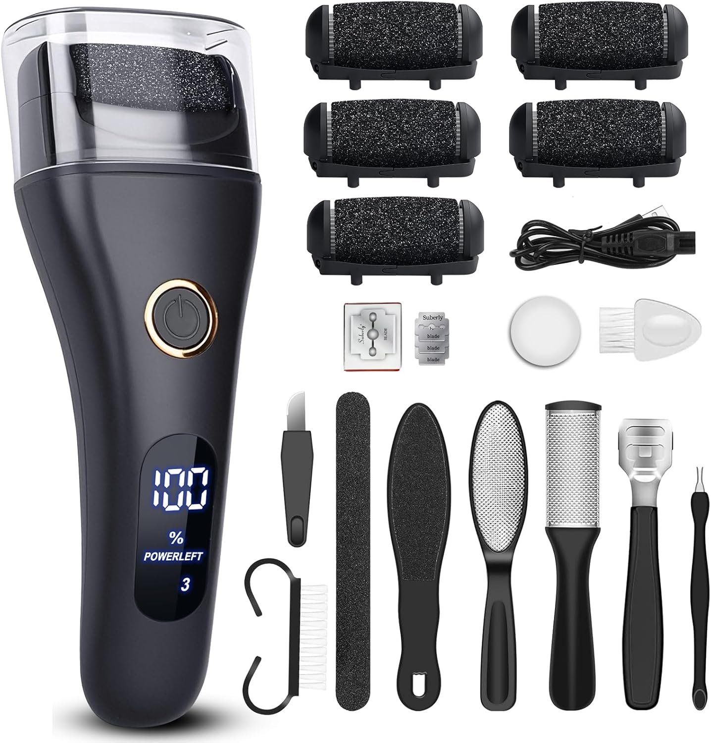 Electric Foot File Callus Remover for Feet – 6pcs Larger Grinding Head&3Speed, Pedicure Kit Foot Scrubber Deadskin Callus Remover, Foot Care Kit Pedicure Tools for Dead Skin Callus Hardskin Dry Cracks