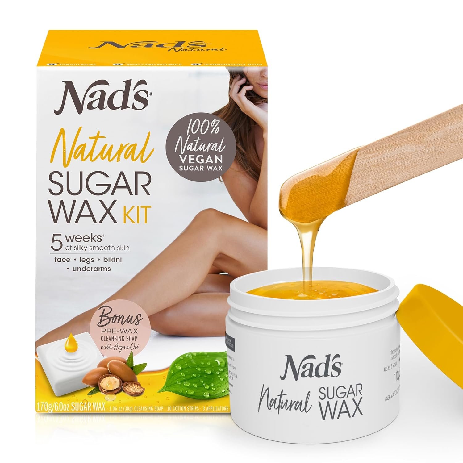 Nad’s 100% Natural Sugar Wax Kit, Vegan, Hypoallergenic, No-heat Formula Waxing Sugar Paste, Includes 6 Wooden Spatulas, 10 Reusable 100% Cotton Strips, 1 Pre-wax Cleansing Soap & Sugar Wax 6oz