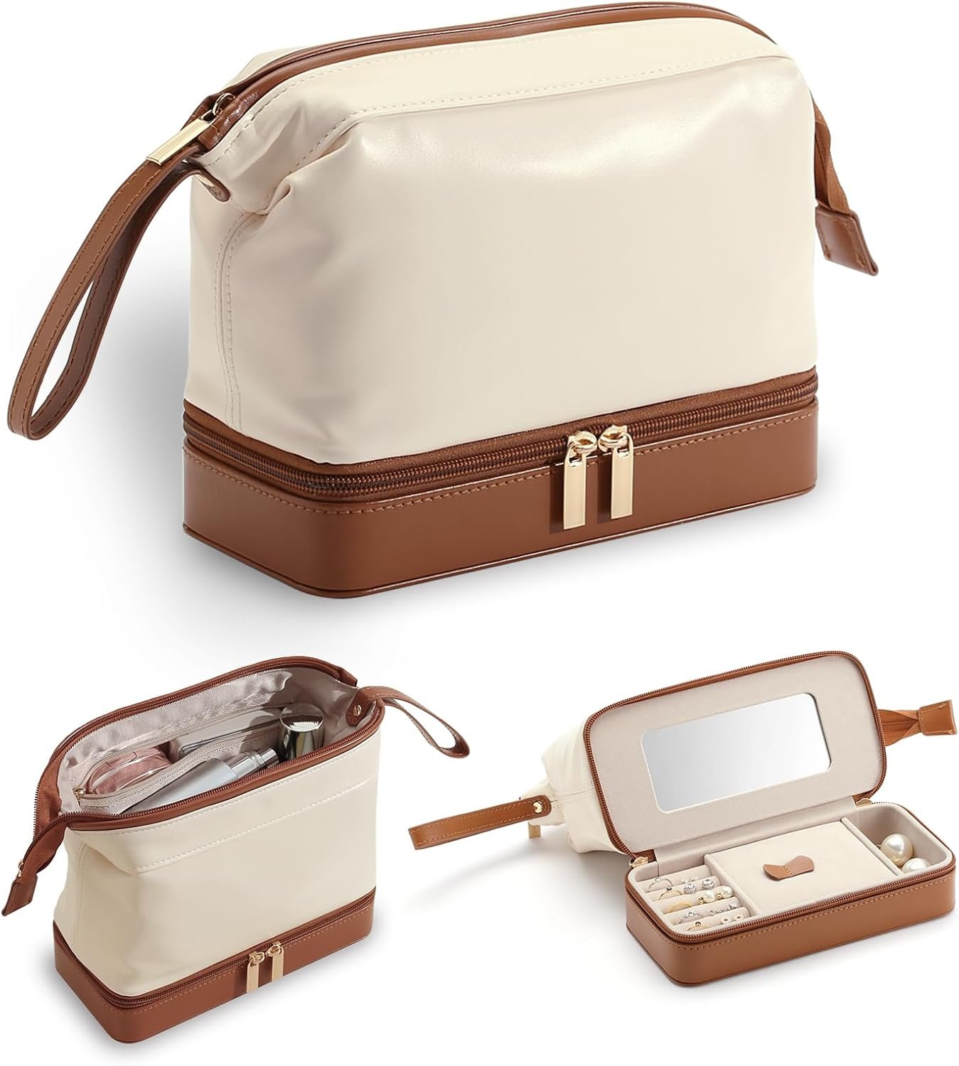 2-In-1 Jewelry Box and Makeup Bag with Mirror – Versatile Travel Jewelry Holder Organizer Cosmetic Bag, Portable Toiletry Bag with Integrated Jewelry Makeup Case for Women Men (White & Brown)