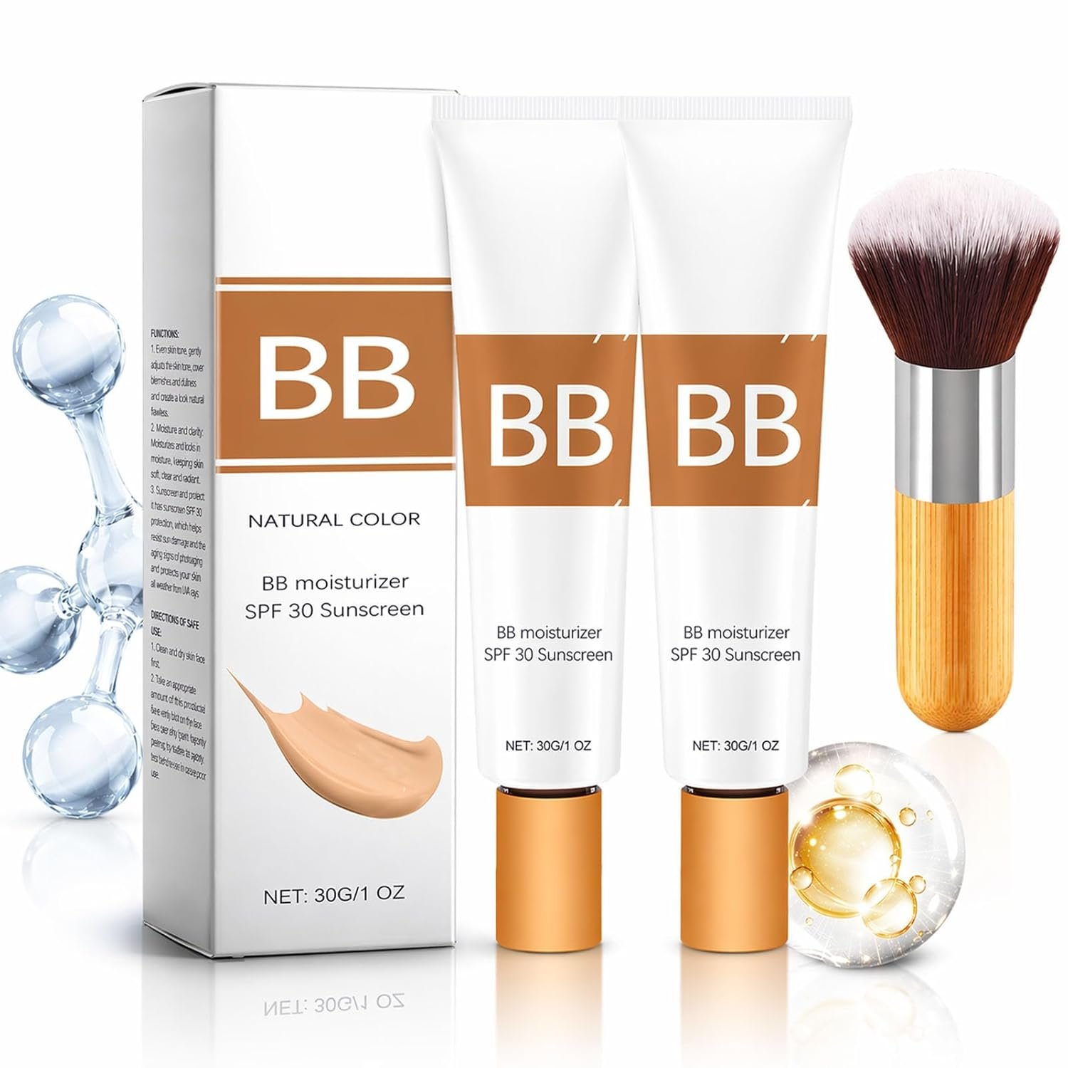 BB Blur Tinted Moisturizer SPF 30, BB Cream Tinted Moisturizer, Tinted Care Primer with Brush, Instantly Hydrates, Full Coverage, Creates Matte Effect (Natural, 1 floz)