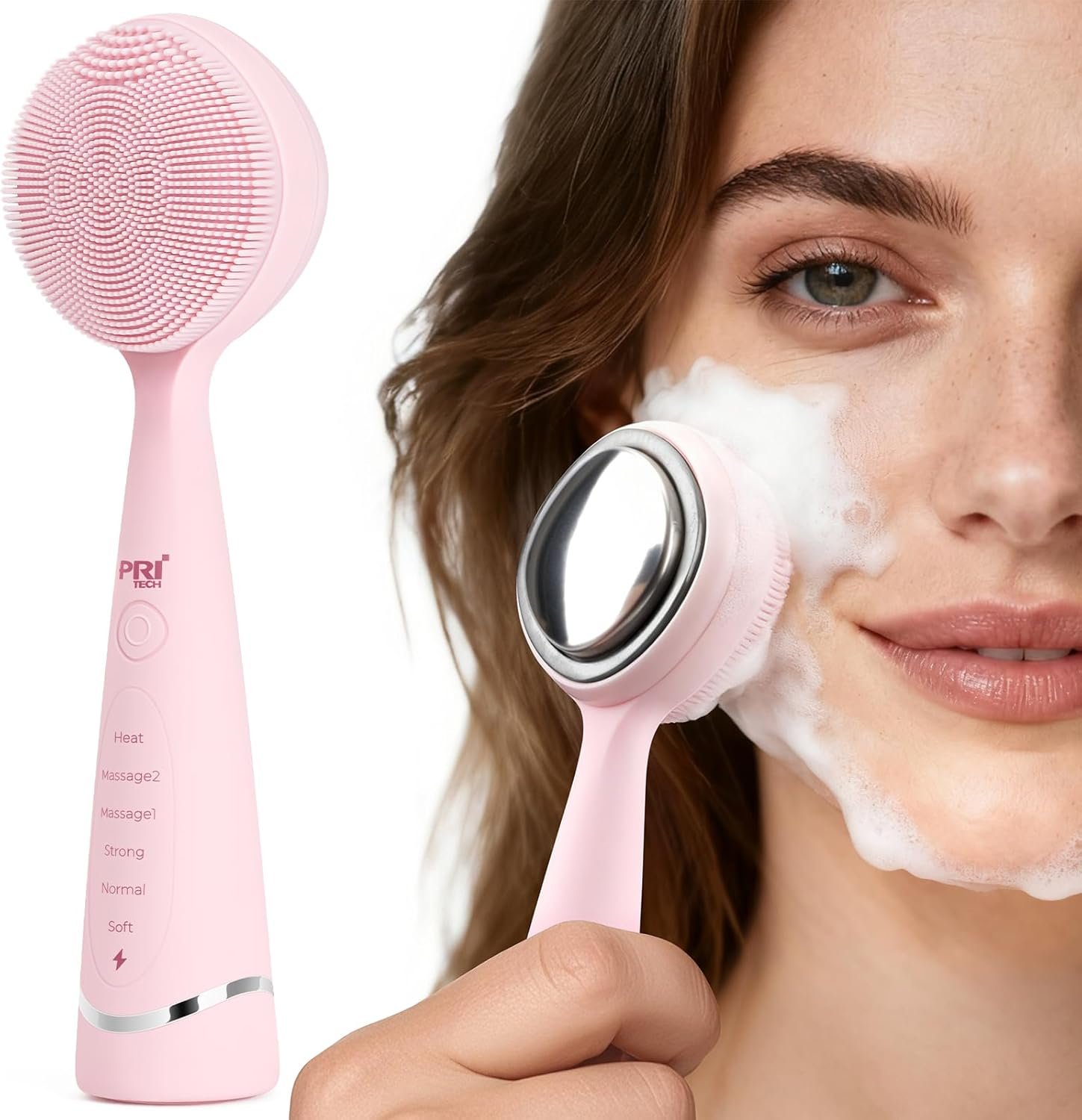 PRITECH Facial Cleansing Brush with 42° Constant‑Temperature Heating – Rechargeable Silicone Face Scrubber for Deep Pore Cleaning, Waterproof Vibrating Exfoliator for Women & Men (Pink)