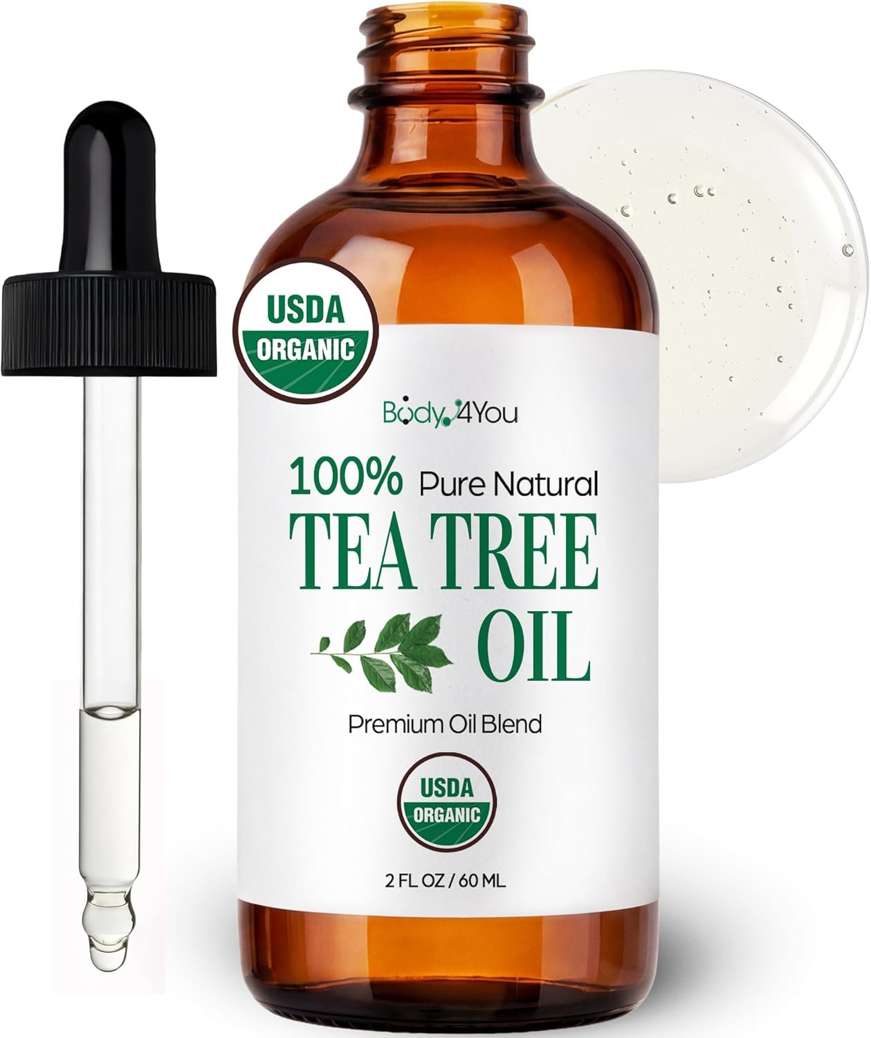 BodyJ4You Tea Tree Oil for Skin Hair – USDA Organic Essential Oils Pre-Diluted MCT – Melaleuca Face Scalp Nails Feet Toenail Cuticle – Pure Natural Topical Ready to Use Vegan Hexane Free – 2 Fl Oz