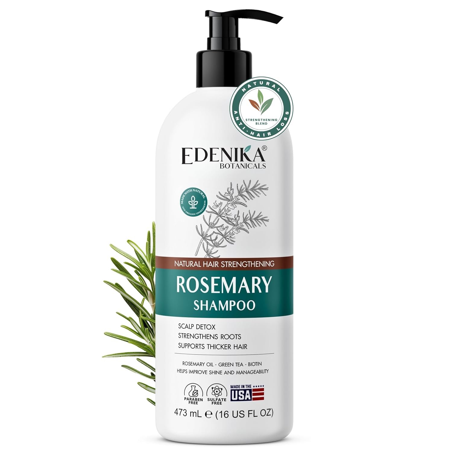 Edenika Botanicals Rosemary Oil Shampoo with Biotin for Thinning Hair & Anti-Hair Loss, Strengthening Botanical Formula, Women & Men, Sulfate-Free, Organic, 16 fl oz