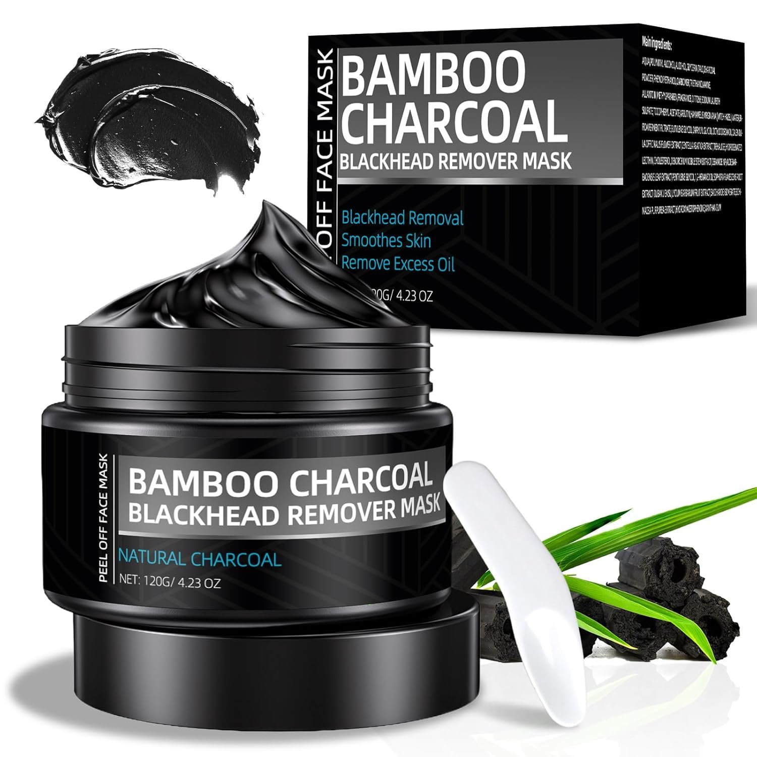 Peel Off Face Mask, Blackhead Remover for Face & Nose, Bamboo Charcoal for Deep Cleaning, Reducing Oil, Smoothing Skin, Shrinking Pores, 120g 4.23oz