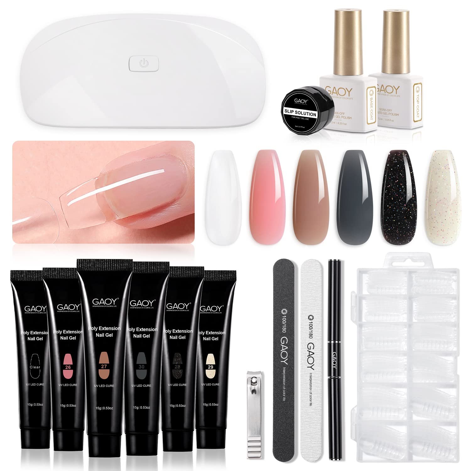 GAOY Poly Gel Nail Kit with U V Light Starter Kit, 6 Colors Nude Pink Black Builder Gel Extension for Beginners with Everything Nail Art DIY at Home