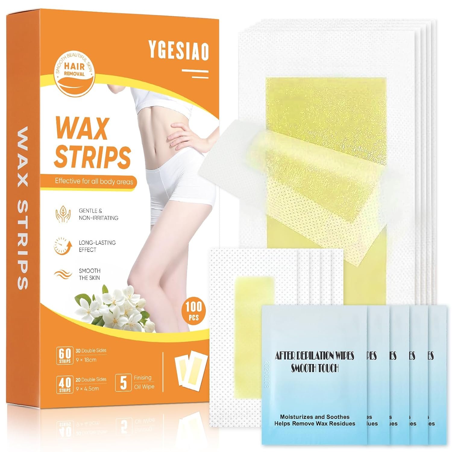 100 PCS Wax Strips for Hair Removal – 60 Body & 40 Facial Waxing Strips for Women, Complete At-Home Waxing Kit with 5 Soothing Oil Wipes, Gentle for Sensitive Skin on Face, Bikini Line, Legs & More