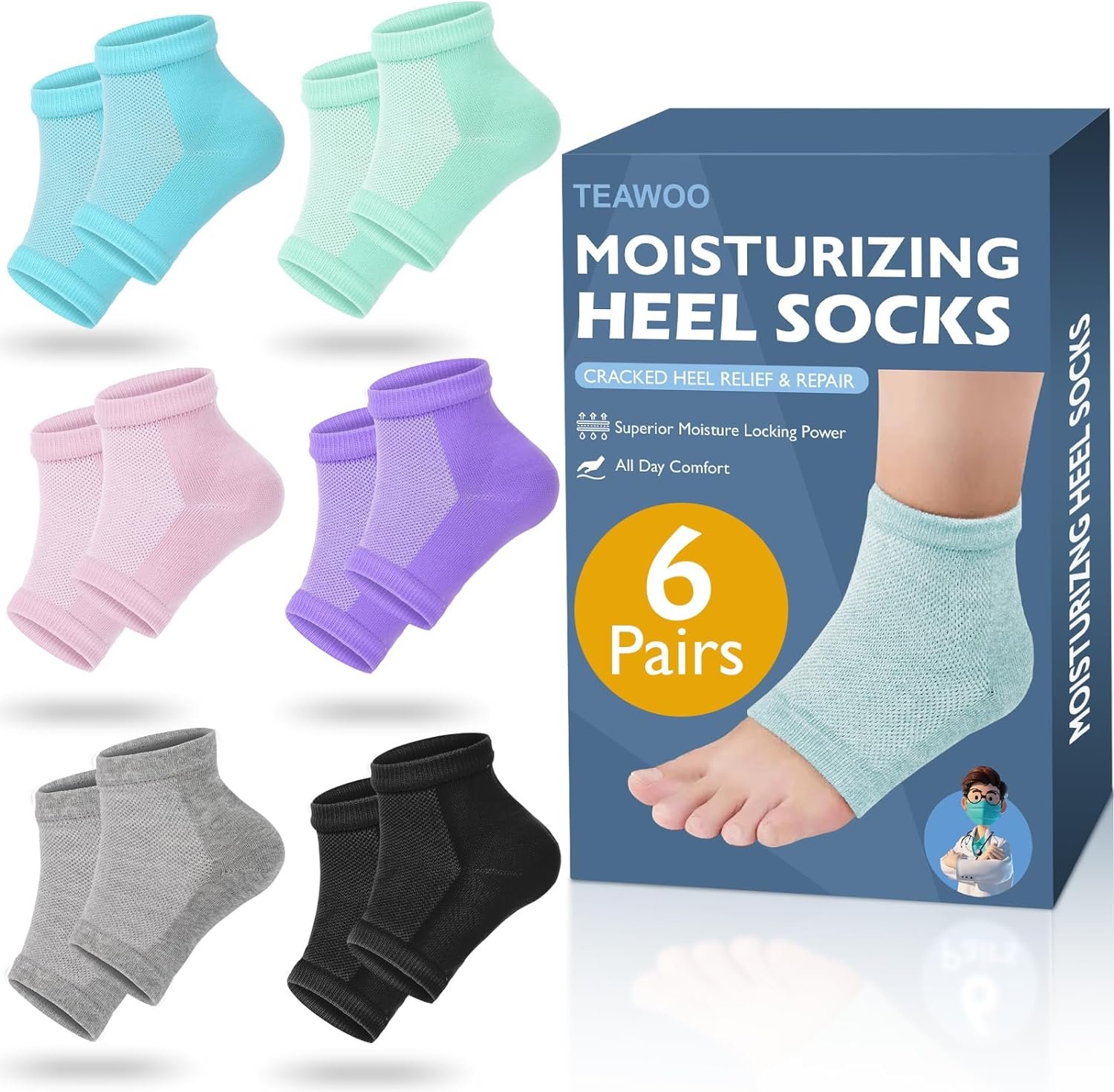TEAWOO Moisturizing Heel Socks – 6 Pairs for Dry Cracked Feet, Toeless Gel Socks for Hydration and Repair