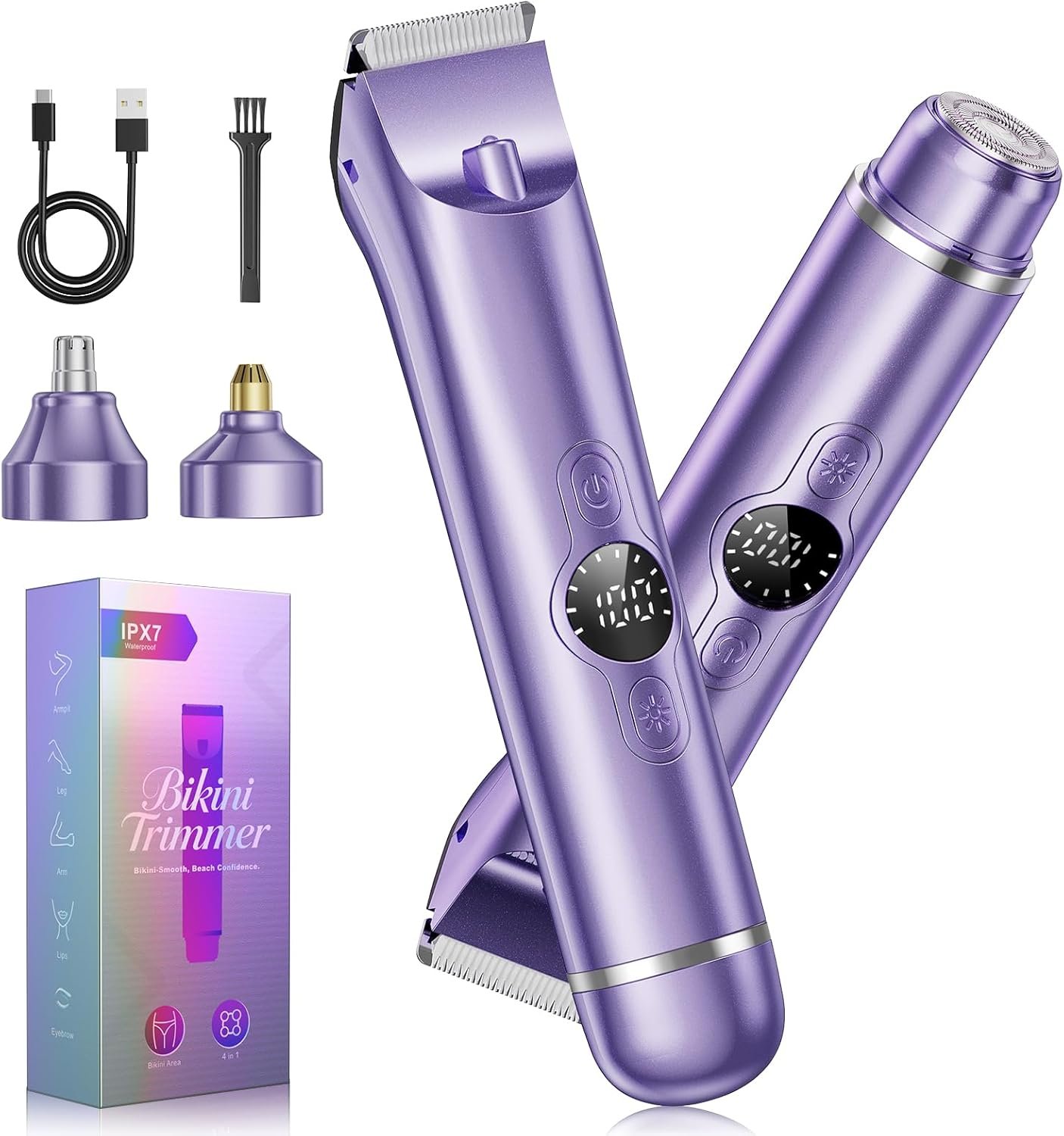 4 in 1 Bikini Trimmer for Women, Electric Razors for Women – Dual Head, Wet & Dry Use Pubic Body Hair Trimmer Electric Shavers, Rechargeable Womens Facial Razors for Legs, Nose, Armpits, Bikini Area