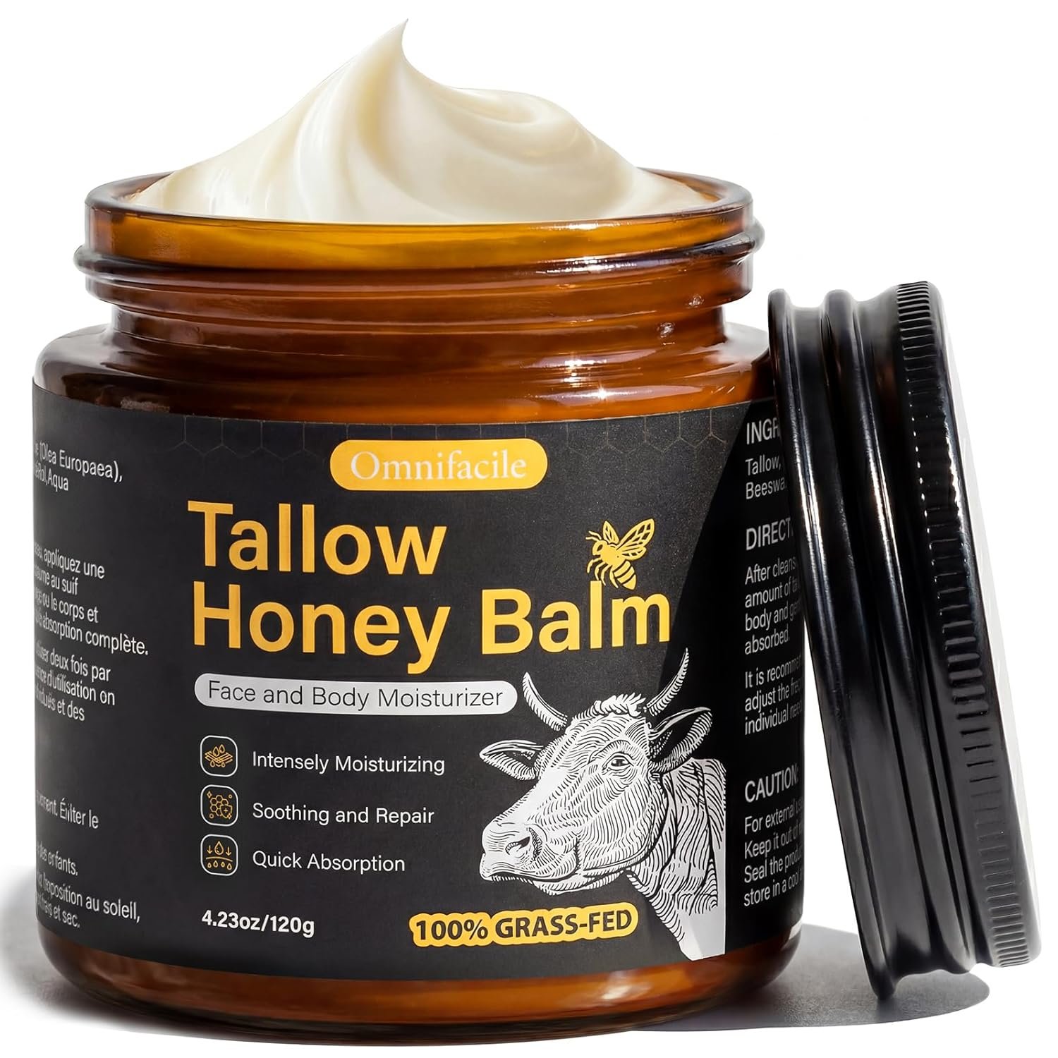 Beef Tallow for Skin,Face,Body – Handmade Whipped Tallow Face Moisturizer& Tallow Balm with 100% Grass-Fed Beef Tallow & Raw Honey,Narural Organic Tallow and honey balm for Men&Women,Unscented,4.23OZ