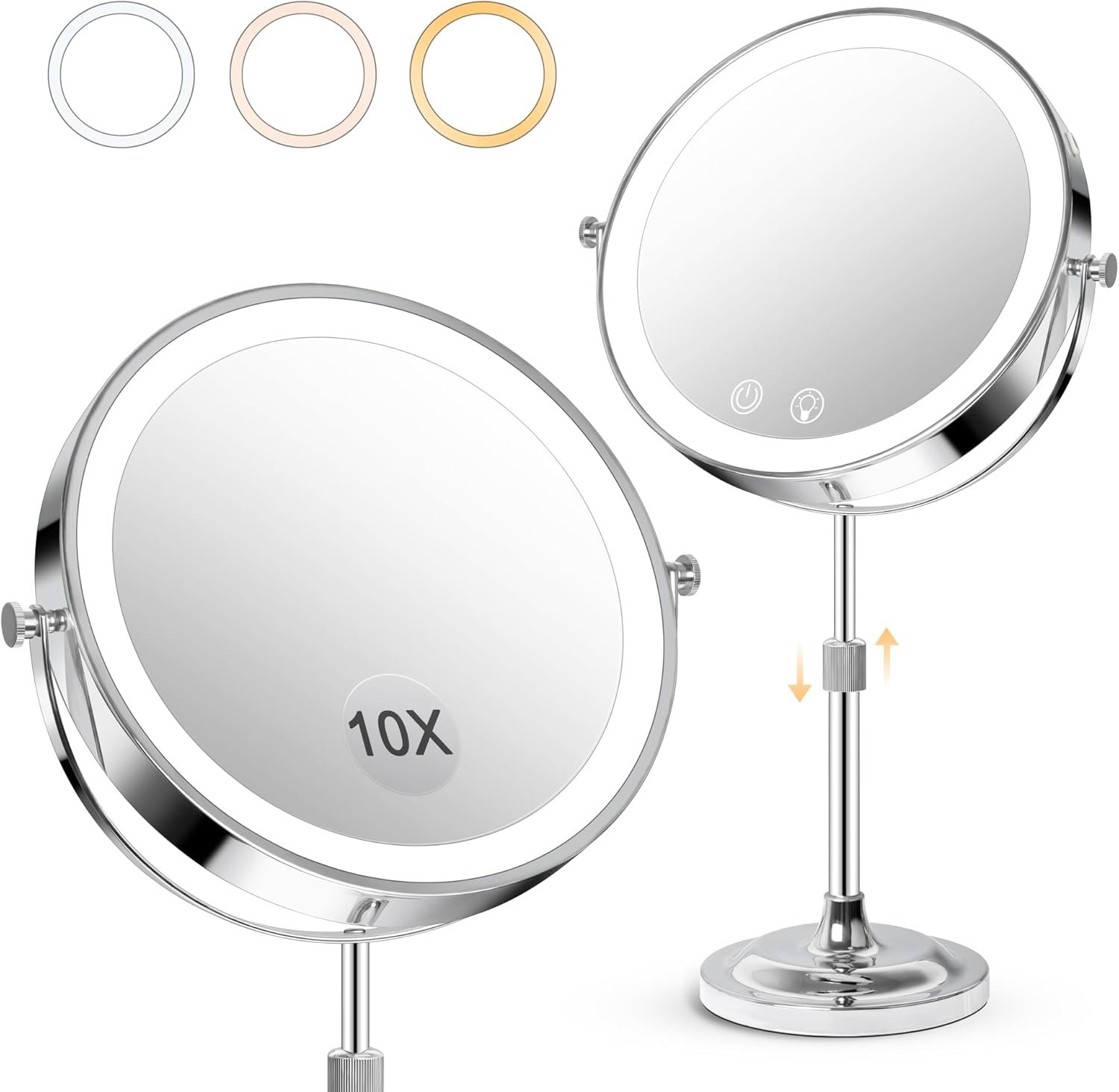 8″ Makeup Mirror with Lights,4000mAh Rechargeable Vanity Mirror,1X/10X Double Sided Magnifying Mirror with Adjustable Height, 3 Colors Stepless Dimming Lighted Makeup Mirror,Women Gift