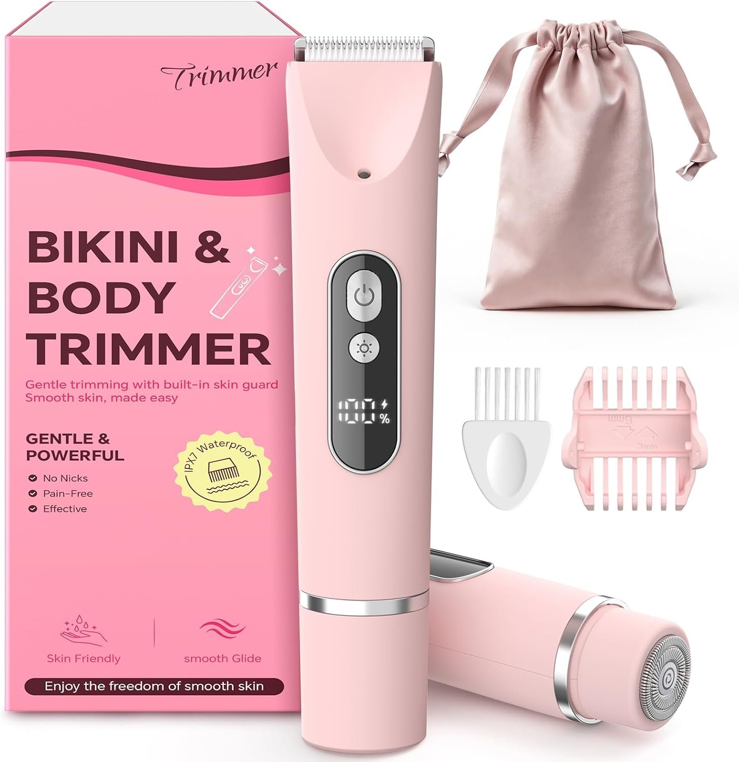 Bikini Trimmer for Women, Smooth Electric Razor for Sensitive Skin, IPX7 Waterproof Wet & Dry Cordless Body Shaver for Bikini Area, Pubic Hair, Face, Underarms & Legs (Pink)