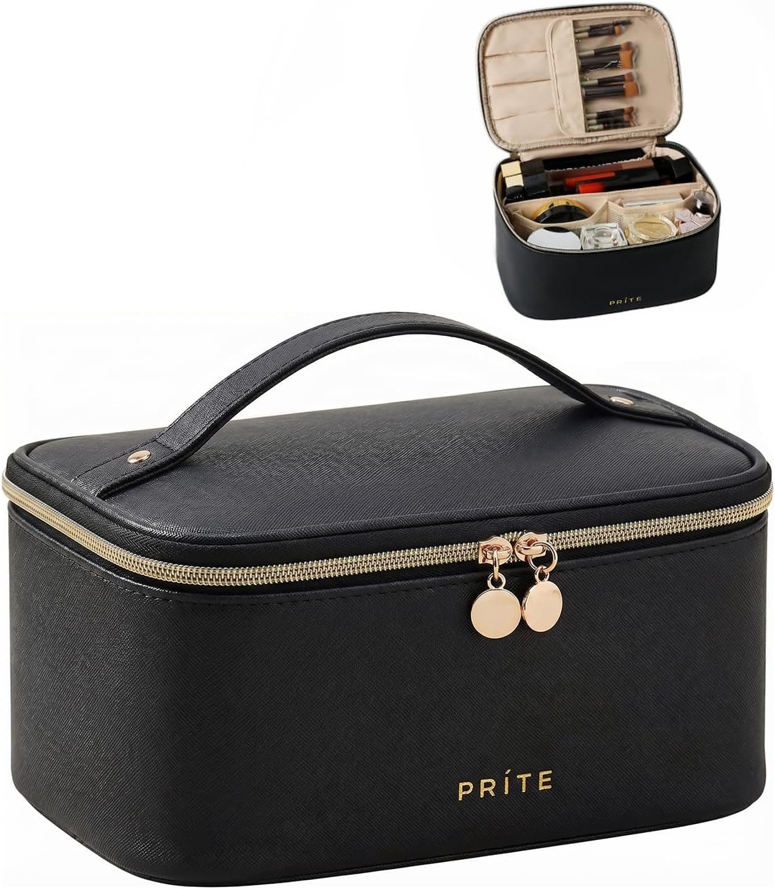 Prite Makeup Bag, Large Capacity Cosmetic Bag for Women and Girls, Waterproof PU Leather Travel Makeup Case, Toiletry Organizer with Handle and Divider for Skincare and Brushes – Black