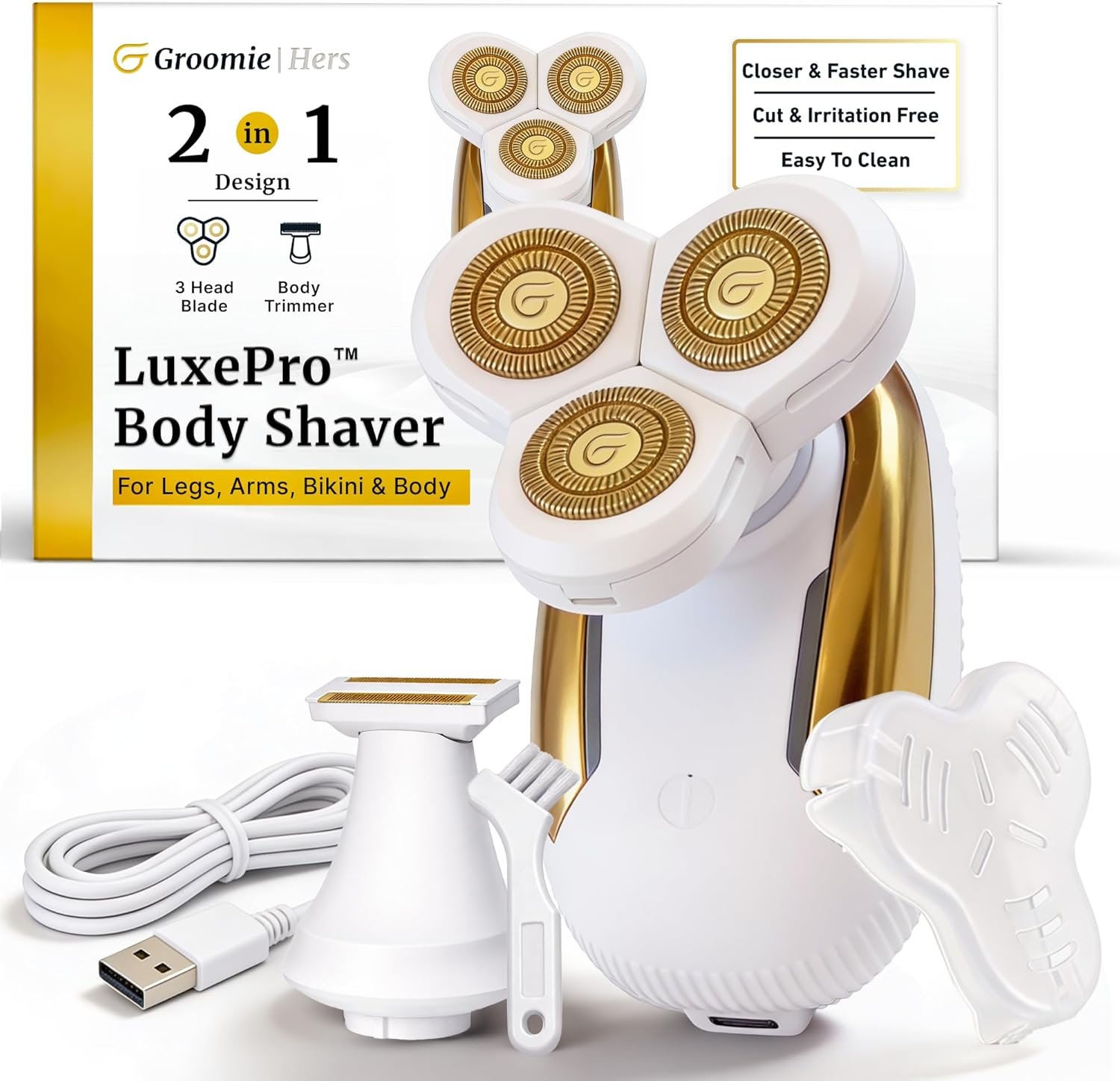 Groomie Hers LuxePro Electric Body Shaver for Women – Women’s Rotary Shaver, Razors for Women Sensitive Skin, Wet/Dry Cordless Rechargeable Hair Remover for Legs, Head, Arms & Underarms