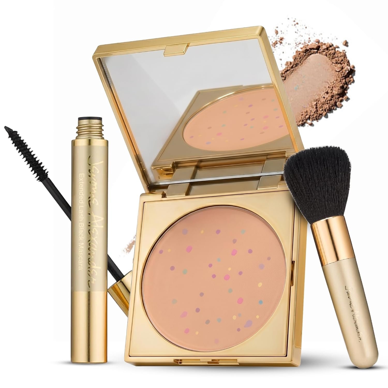 Magic Minerals 4 Pcs Pressed Powder Foundation Set by Jerome Alexander – 4-in-1 Color Correcting Concealer for Older Women – Foundation for Mature Skin with Mascara, Stubby Brush and Sponge – Medium