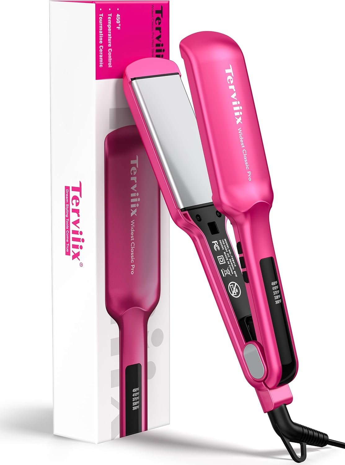 Terviiix 2 Inch Wide Ceramic Hair Straightener Flat Iron for Thick Curly Hair – Heats in 30s, 300F-450F Adjustable, Dual Voltage for Travel, Auto Shut Off, Pink