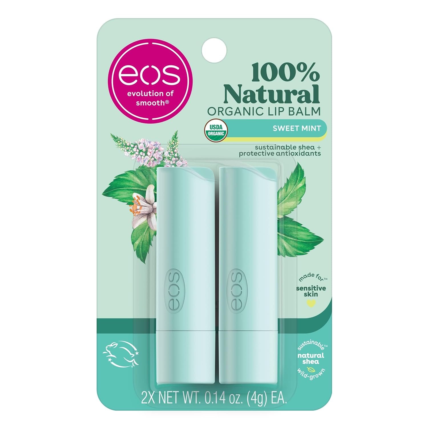 eos 100% Natural & Organic Lip Balm Sticks – Sweet Mint, All Natural Lip Balm, All-Day Moisture, Dermatologist Recommended, 0.14 oz, 2-Pack