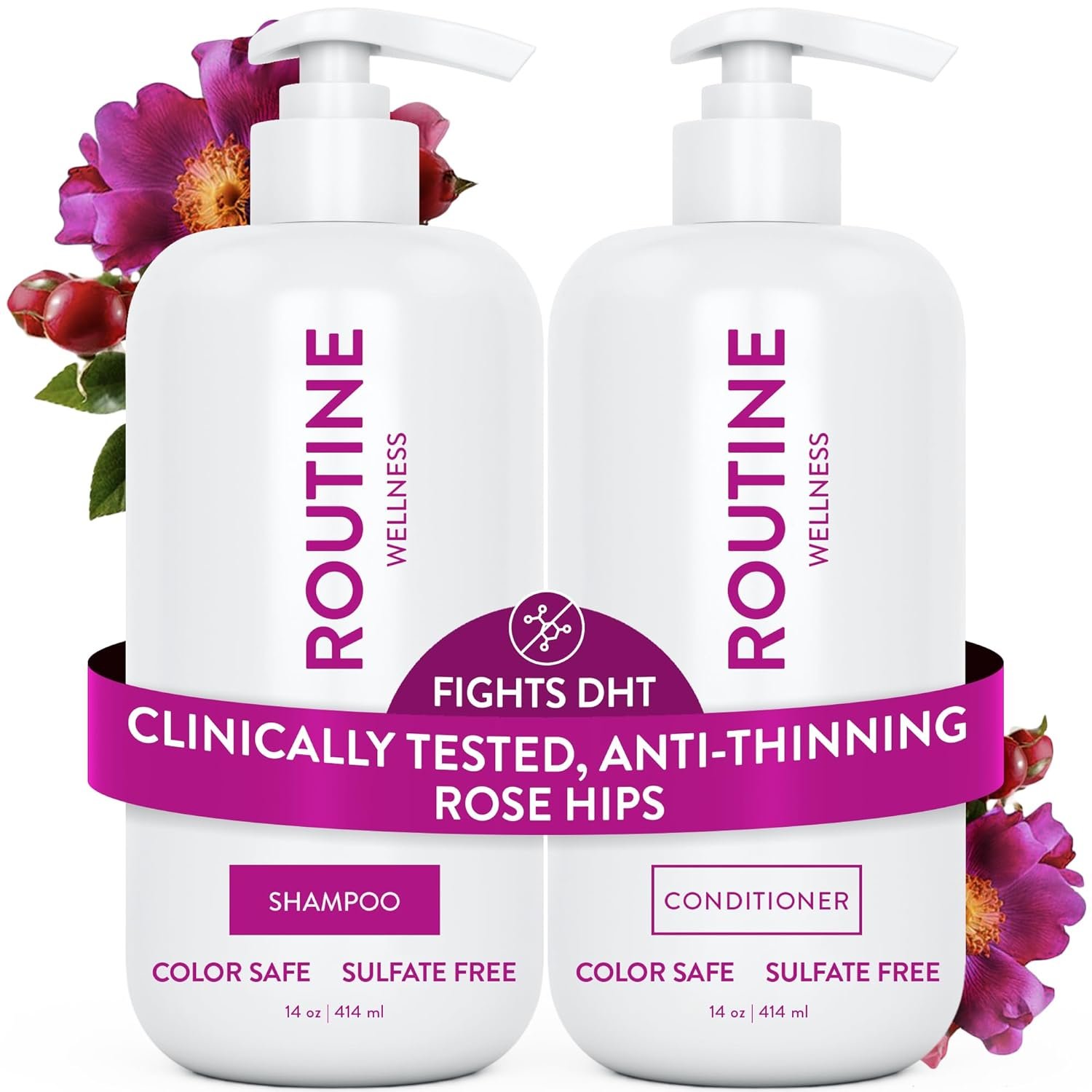 Routine Wellness Anti-Thinning Shampoo and Conditioner Set for Thinning Hair – Biotin DHT Blocker Women & Men – Color Safe Shampoo for Hair Loss & Healthier Hair – Rose Hips Set