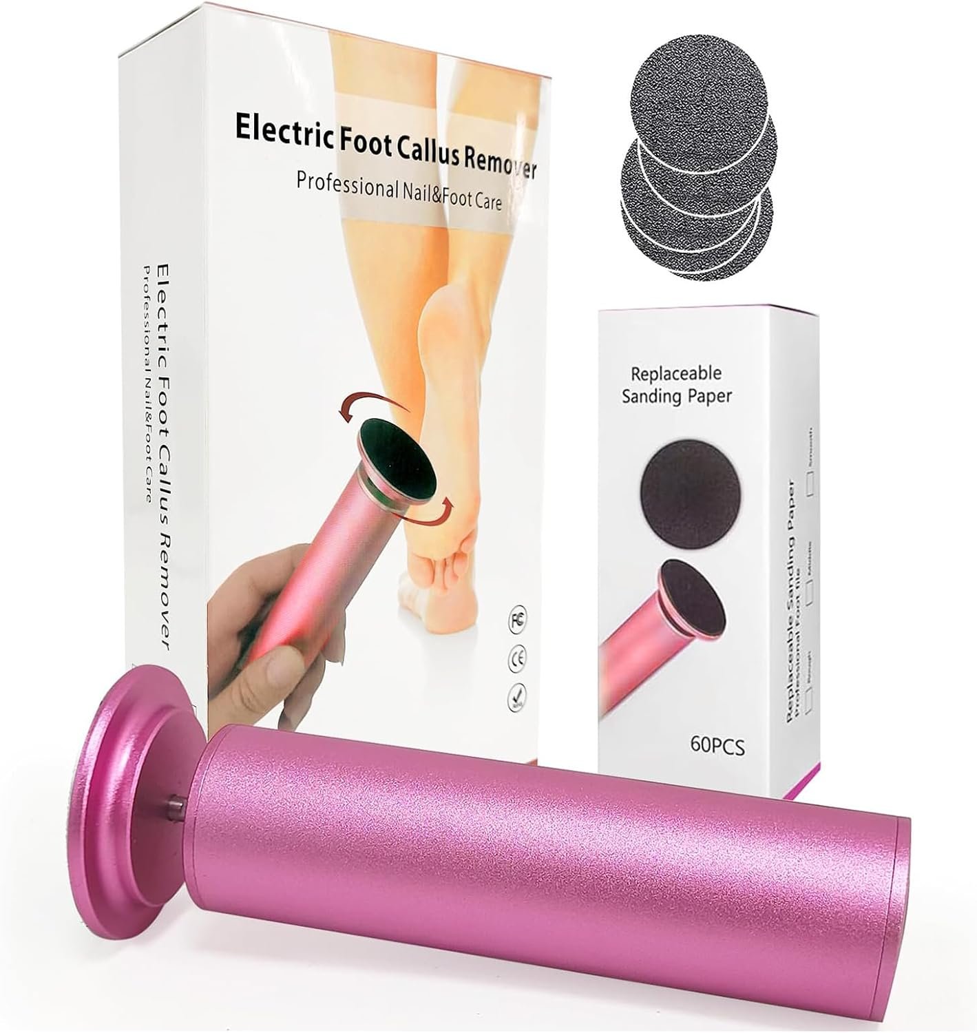 Electric Foot Callus Remover, Adjustable Foot Speed, Professional Foot Repair Tool, Equipped with 60 Pieces of Sandpaper, Suitable for Men and Women with Dead Skin calluses, Dry and Cracked, Pink