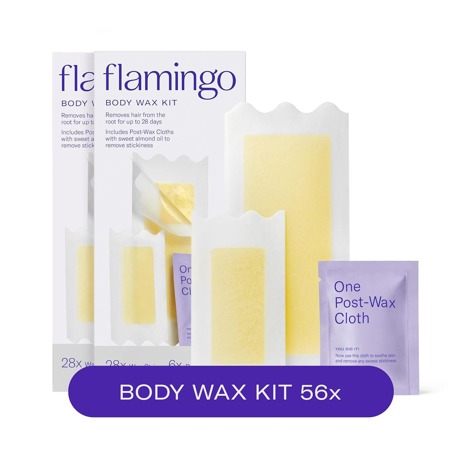 Flamingo Wax Strips for Body Hair Removal, Women’s Body Wax Kit, Pack of 2- Contains 56 Body Wax Strips and 12 Post Wax Cloths