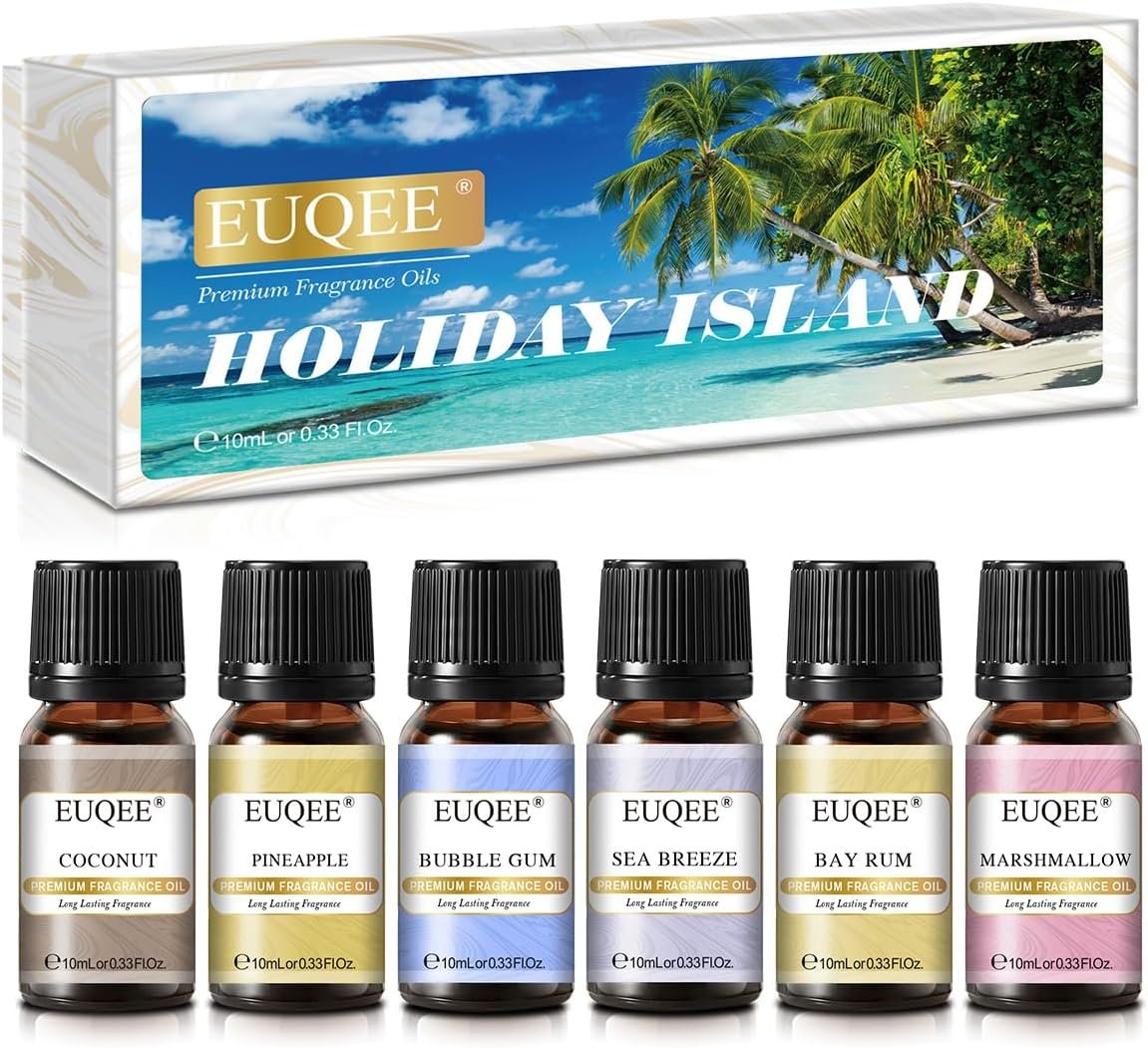 EUQEE Summer Fragrance Oil Gift Set of 6，Holiday Island Essential Oils Set for Humidifier, Aromarathepy-Pineapple, Coconut, Sea Breeze, Bubble Gum, Bay Rum, Marshmallow(10ml)