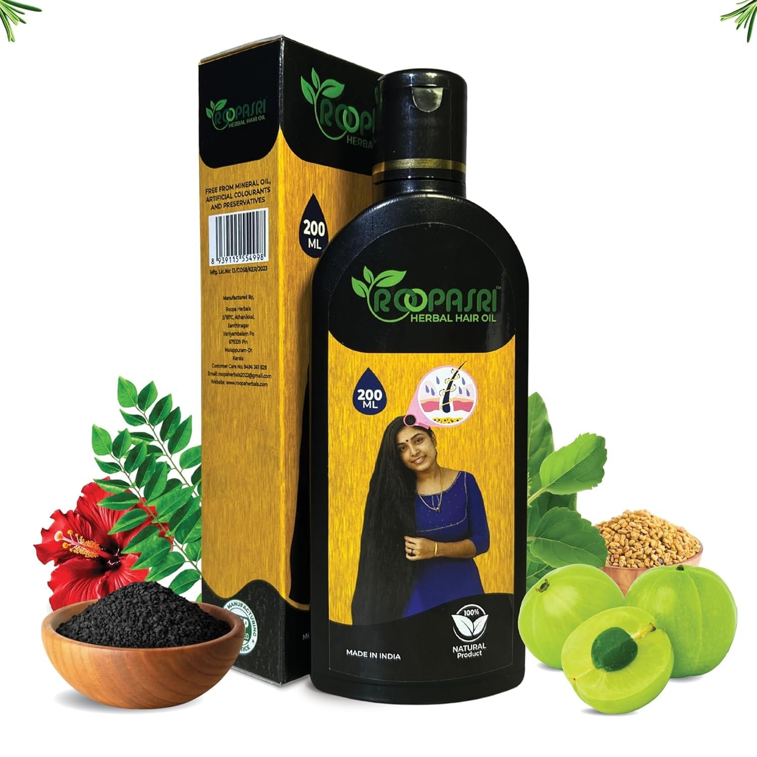 Roaopasri Herbal Hair Oil for Men & Women 200 ml | Promotes Hair Growth & Reduces Hair Fall | with Amla, Indigo, Moringa, Hibiscus Flower, Coconut and Bhringraj