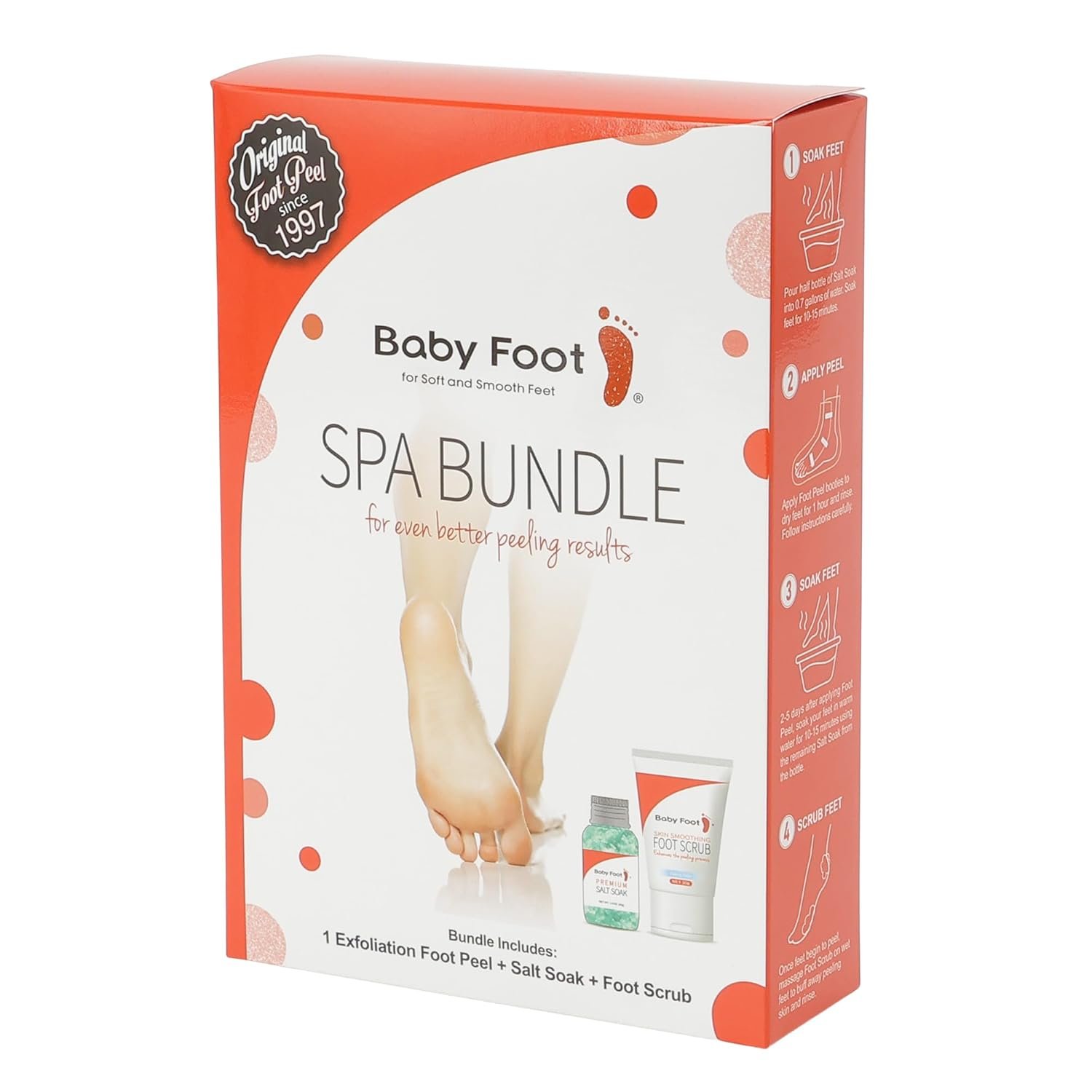 Baby Foot Spa Bundle – Original Exfoliant Foot Peel + Premium Salt Soak and 1 Foot Scrub – Baby Feet Smoothening Foot Peel, Soak and Scrub – Citrus scent – Baby Soft Foot Exfoliation Bundle Set