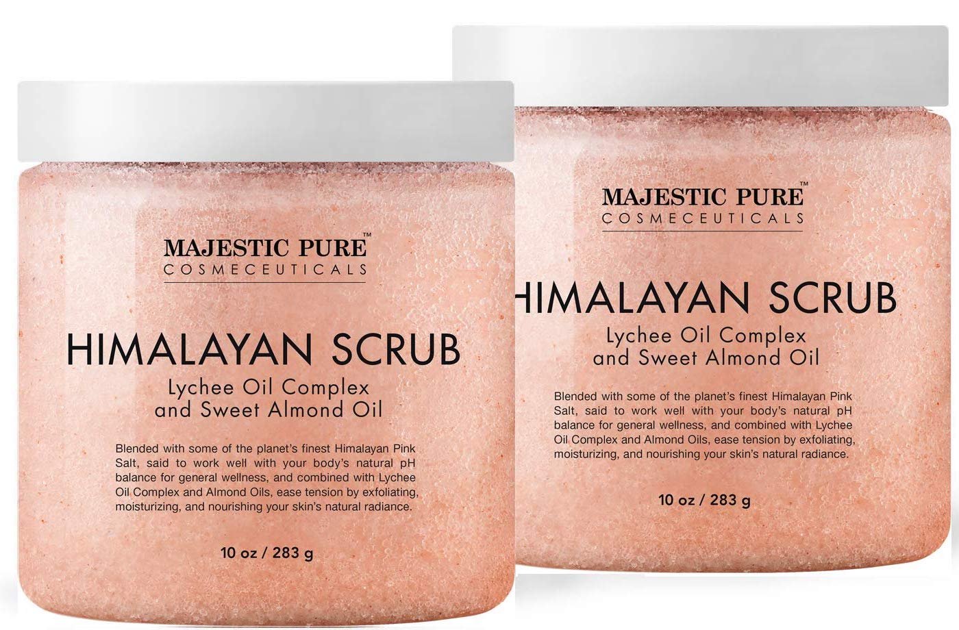 Majestic Pure Himalayan Salt Body Scrub with Lychee Oil, Exfoliating Salt Scrub to Exfoliate & Moisturize Skin, Deep Cleansing – 10 oz (Pack of 2)