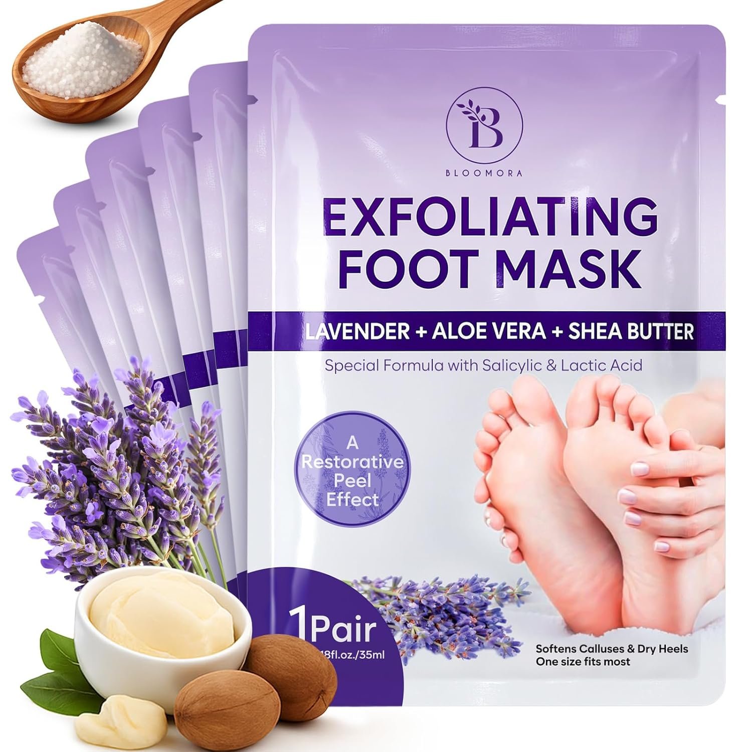 BLOOMORA Foot Peeling Mask (6 pairs) Exfoliating Foot Mask for Dry Cracked Feet with Lavender & Shea Butter, Dead Skin & Callus Remover for Feet, Exfoliating Socks for Women & Men, One Size Fits Most