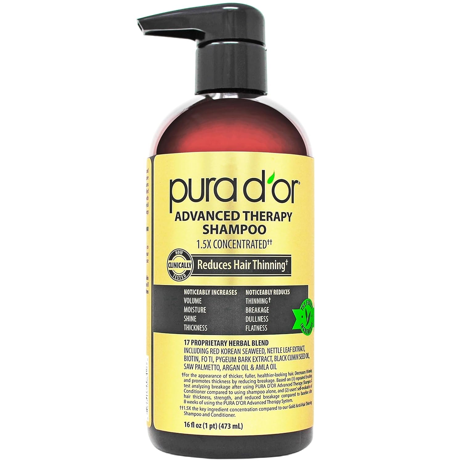 PURA D’OR Advanced Therapy Shampoo Reduces Hair Thinning & Increases Volume, No SLS, Biotin Shampoo Infused w/Argan Oil, Aloe Vera for All Hair Types, Men & Women, Invigorating Forest Scent 16 Fl Oz