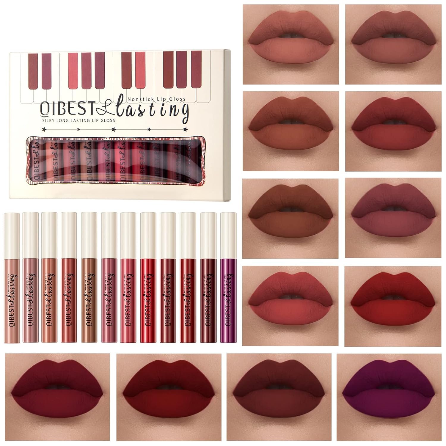 Matte Liquid Lipstick Set – 12 Pcs Long Lasting & Waterproof Lipstick Kit, Non Transfer Lip Stain with Nude, Dark Red | Full Coverage Lip Gloss Makeup Set for Women | Matte Lipstick, Liquid Lipstick, Waterproof, Long Lasting, Non Transfer, Lip Gloss