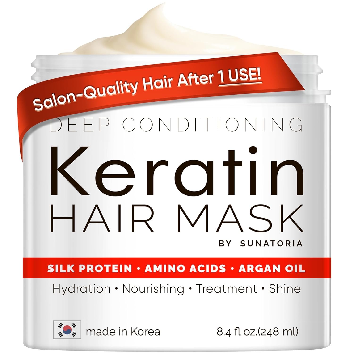 SUNATORIA Korean Keratin Hair Mask for Damaged Hair – Deep Conditioning Treatment with Hydrolyzed Silk, Argan Oil & 8 Amino Acids | Strengthens, Smooths & Nourishes, Sulfate-Free | 8.4 fl oz