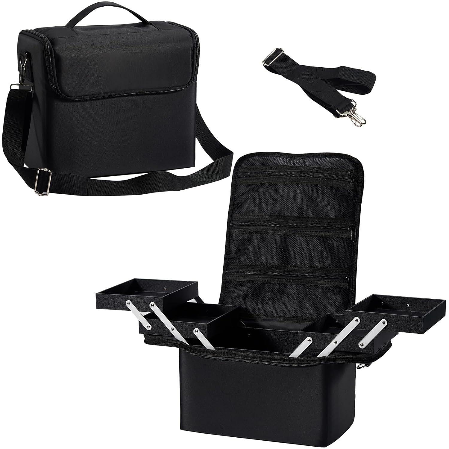 Yueieoun Large Makeup Case,Nail Bag with 4 Tier, Travel Makeup Box Organizer,Nail Kit Storage Tattoo Bag Make Up Case for women/Nail Art/Eyelash Extension/Tattoo/MUA, with luggage sleeve, Black