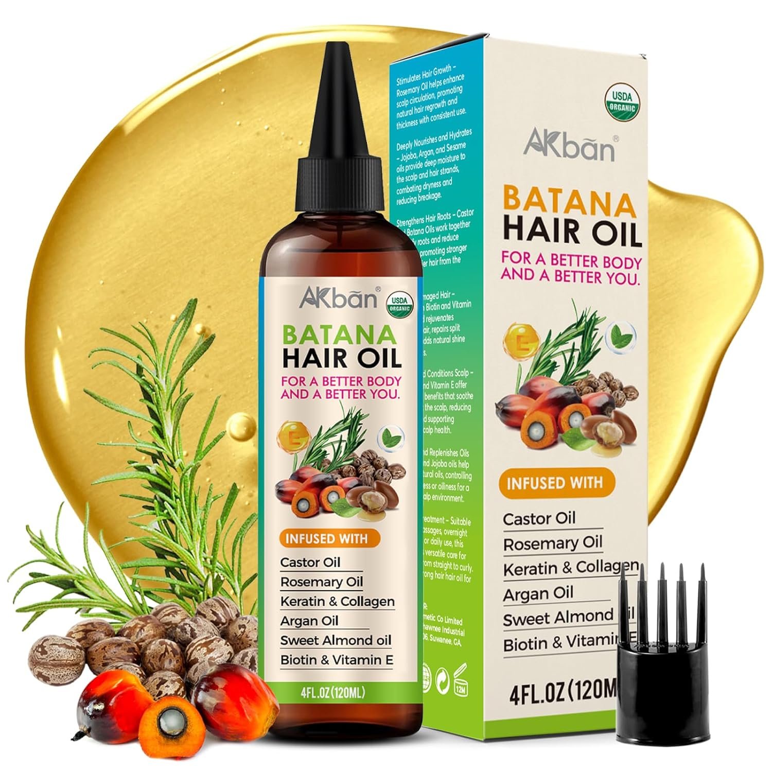 AKBAN Hair Growth Oil with 100% Pure Batana, Castor, Rosemary & Pumpkin Seed Oils – Infused with Biotin, Keratin & Vitamin E – Strengthening & Thickening Treatment for Healthy Hair – 4 FL OZ