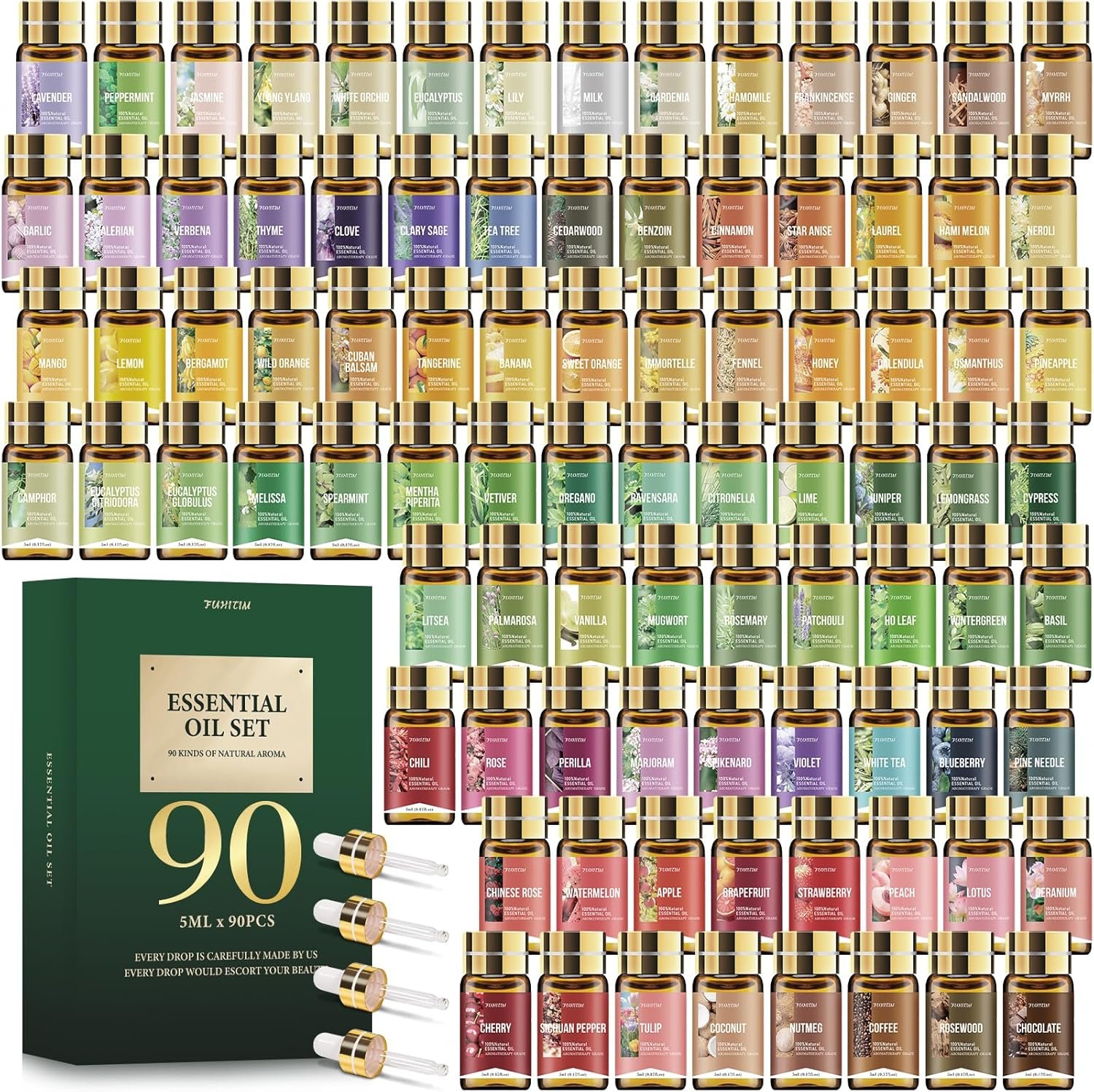 FUHITIM 90 Pcs Essential Oil Set – Essential Oils Gift Set Perfect for Diffuser, Massage,Soap, Candle Bath Bombs Making, 90×5 ML