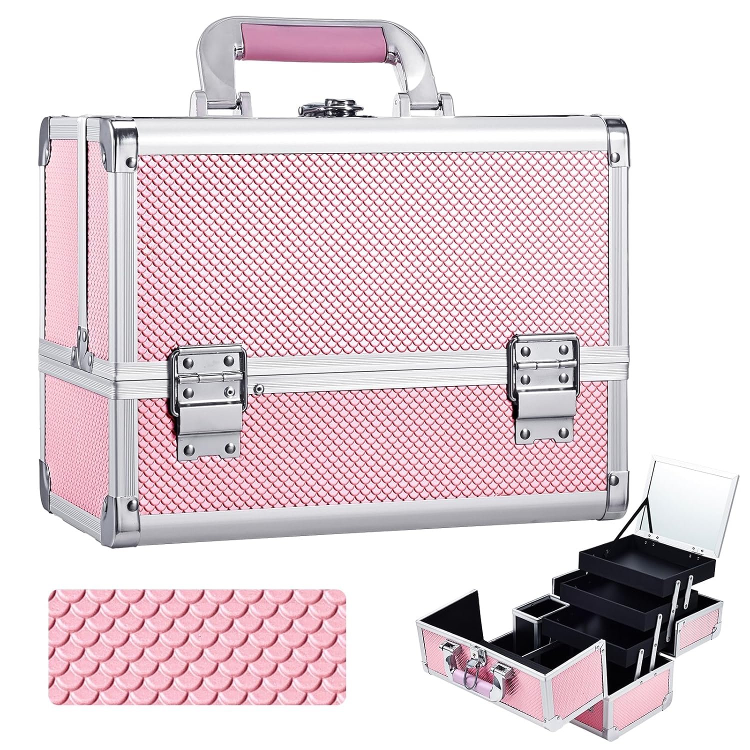 Joligrace Pink Makeup Train Case, 3-Tier Makeup Box Organizer and Portable Makeup Organizer Box, Hard Makeup Case with Mirror and Lock, Professional Makeup Case for Women, 11.8″ x 9.1″ x 7.1″