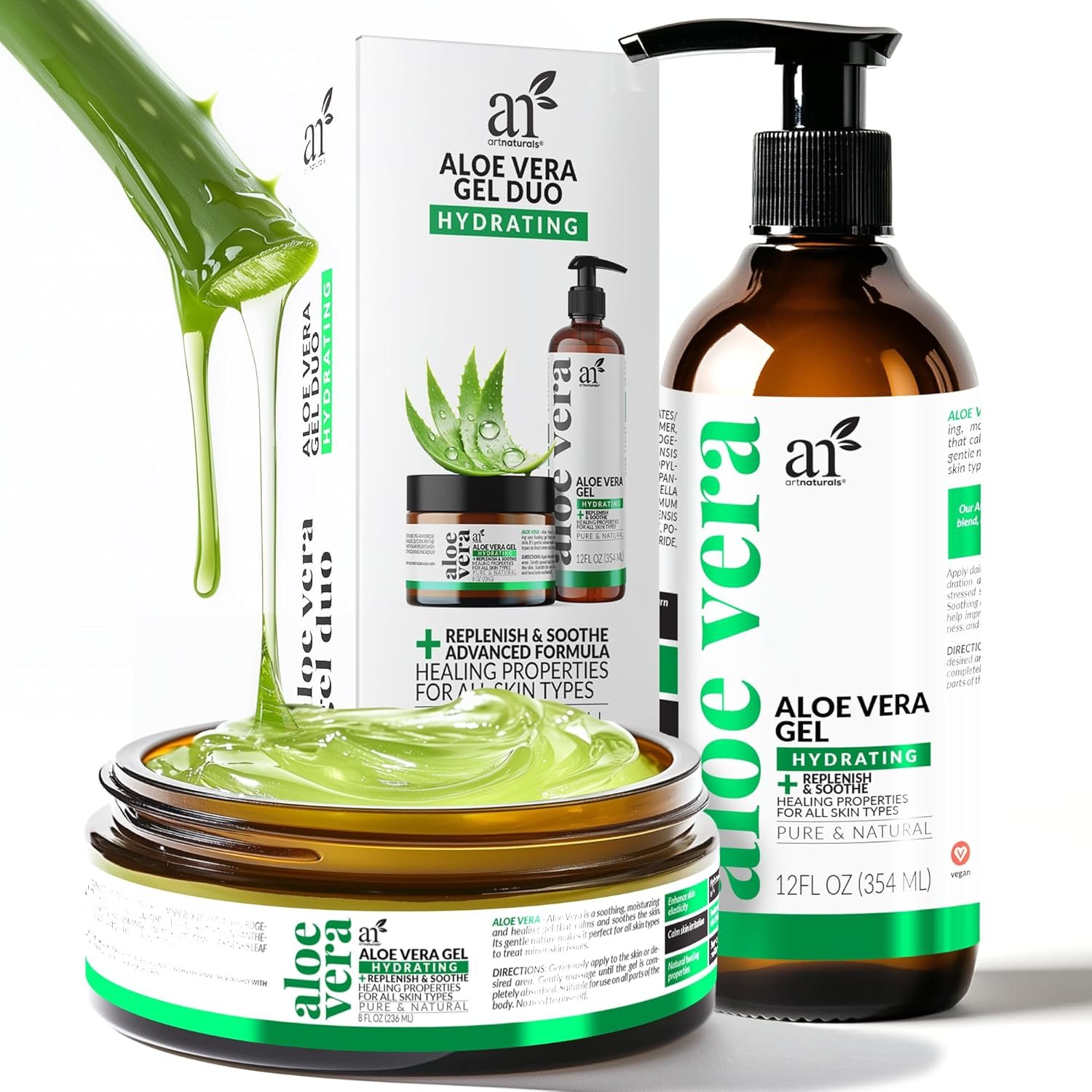 artnaturals Aloe Vera Gel Set – JUMBO 20oz – Sunburn Relief & Hydration for Face, Body, Scalp & Hair – Calming Moisturizer After Sun Exposure – Freshly Harvested within 12 Hours