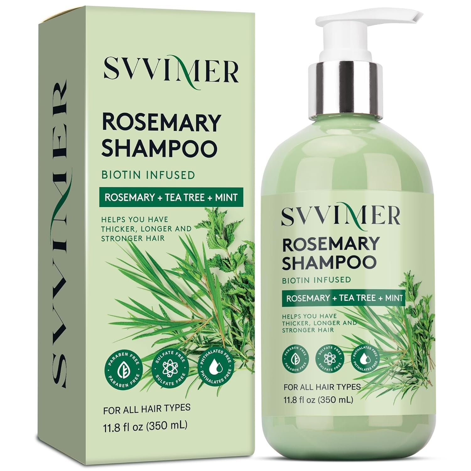 Svvimer Rosemary Hair Thickening Shampoo: Thickening and Strengthening Formula for Men & Women – Volumizing Shampoo with Tea Tree Oil Biotin Mint – For Thinning Fine Hair 11.8 Fl Oz