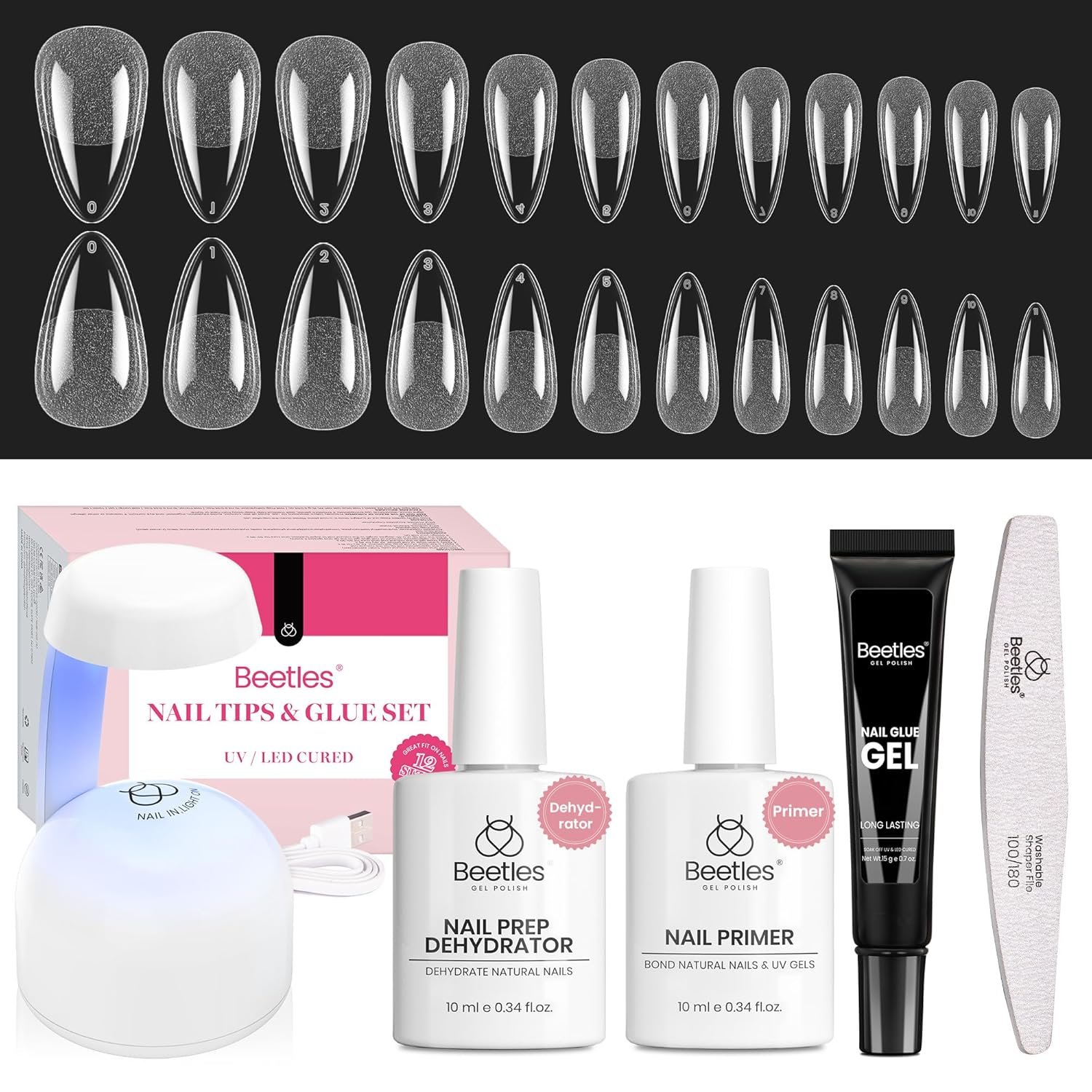 Beetles Gel Nail Kit Medium Almond with Dehydrator and Primer, 576Pcs Half Matte Etch-X Gel Nail Tips Solid Glue Mini Lamp Acrylic Nail Tips Easy DIY Nail Extension Set Gift for Women