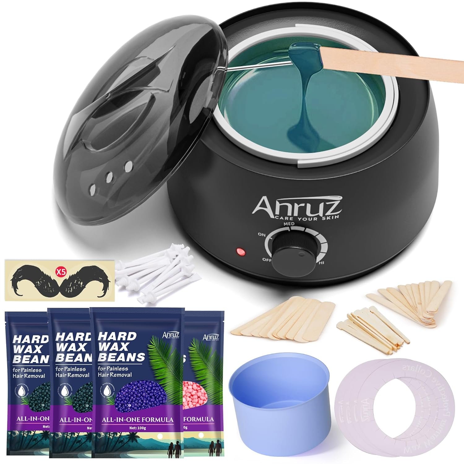 Anruz Waxing Kit for Women Men – Wax Kit for Hair Removal with Silicone Bowl,4 Bags Hard Waxing Beads and 40 Sticks – at Home Use Wax Warmer for Full Body, Bikini, Eyebrow, Face, Sensitive Skin