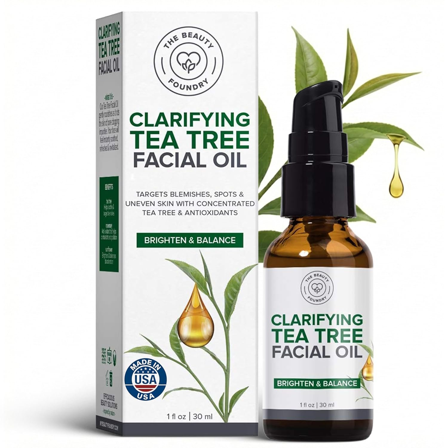 Clarifying Tea Tree Facial Oil, Targets Acne and Uneven Skin Tone, Antioxidant-Rich Beauty Oil, 1-fl oz/30ml (1 Pack)