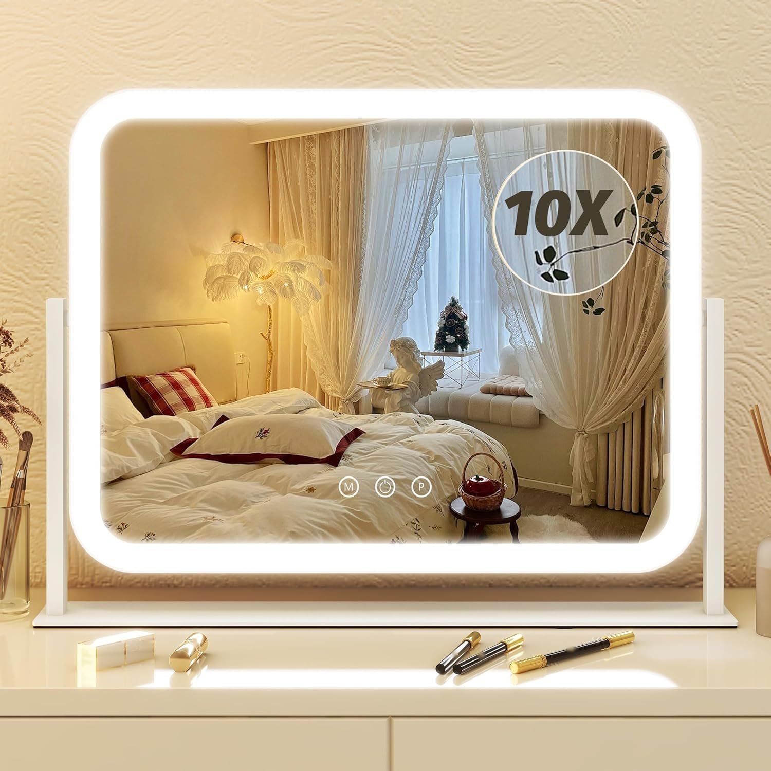 FENNIO Vanity Mirror with Lights 17”x13” Makeup Mirror with Lights,Vanity Mirror Touch Screen with 3-Color Lighting,Dimmable,for Vanity Desk Tabletop White
