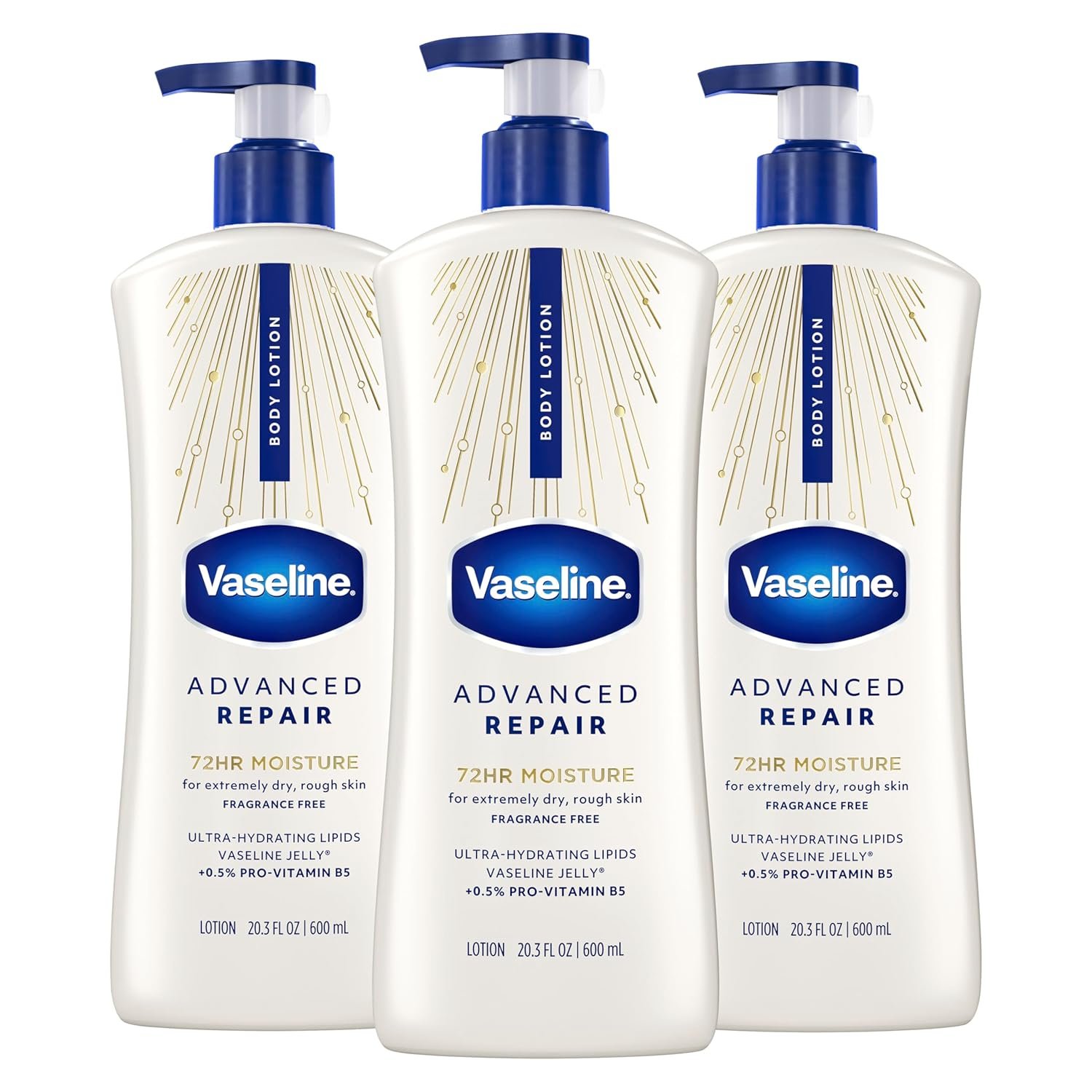 Vaseline Intensive Care Unscented Advanced Repair Body Lotion – Ultra-Hydrating with Lipids for Extremely Dry Skin, 20.3 oz, Pack of 3