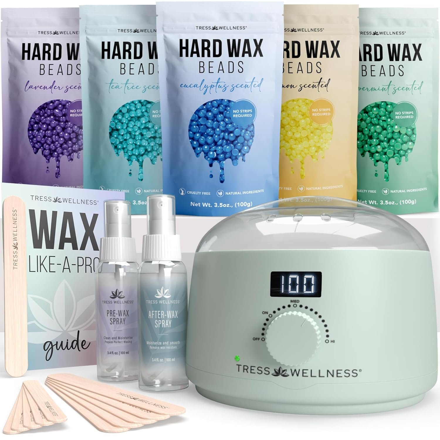 Tress Wellness Waxing Kit for Sensitive Skin – Safe for Face & Skin, Prep & Aftercare Spray, Easy to Use – At-Home Kit for Face, Bikini, Brazilian & Full Body- Digital Display, Green