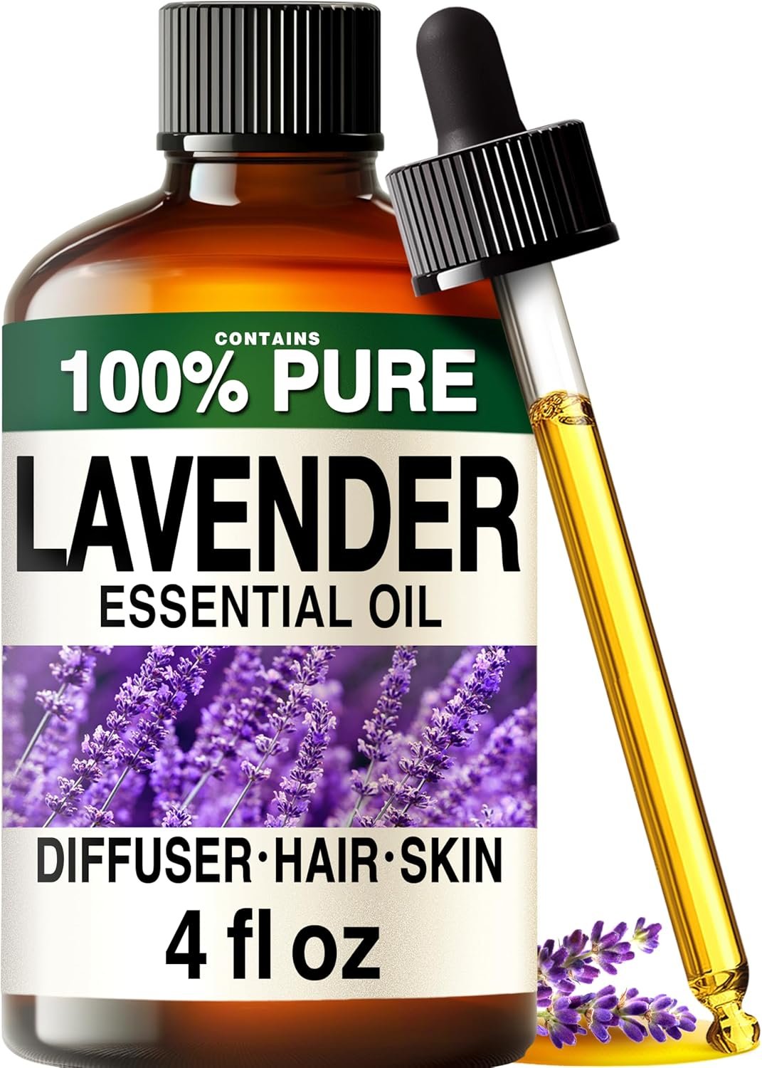 100% Pure Lavender Oil – 4 Fl Oz Lavender Essential Oil for Hair, Skin, Diffuser, Aromatherapy & DIY Soap Making Scent