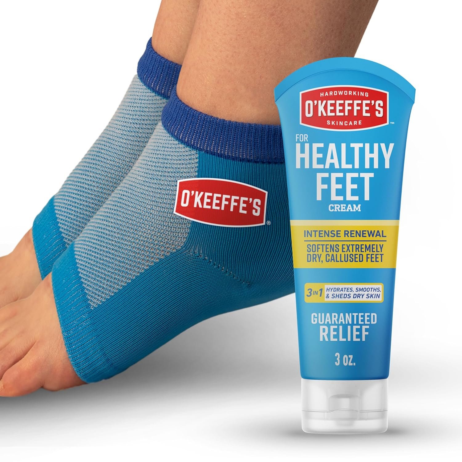 O’Keeffe’s for Healthy Feet Heel Repair Kit with Urea & Lactic Acid – (1 Pair) Reusable Foot Sleeves + 3 oz. Intense Renewal Foot Cream, Exfoliates & Softens Dry Heels